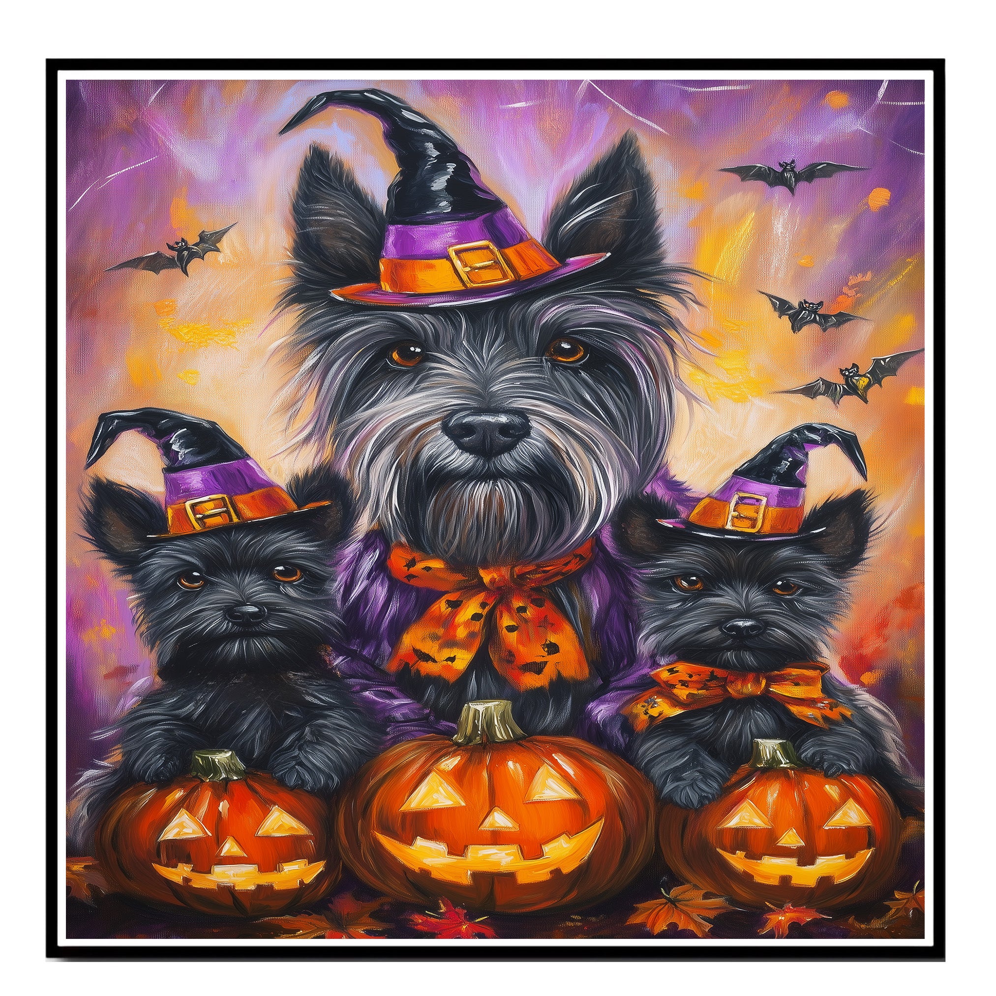 Rustic Halloween Scottish Terrier Dog Wall Art Canvas with Pumpkins Bats and Witch Hats Fall Farmhouse Pet Decor for Home on Ready to Hang 1.5" Thick Canvas Wrap, Floating Framed Canvas, Flat Rolled Canvas