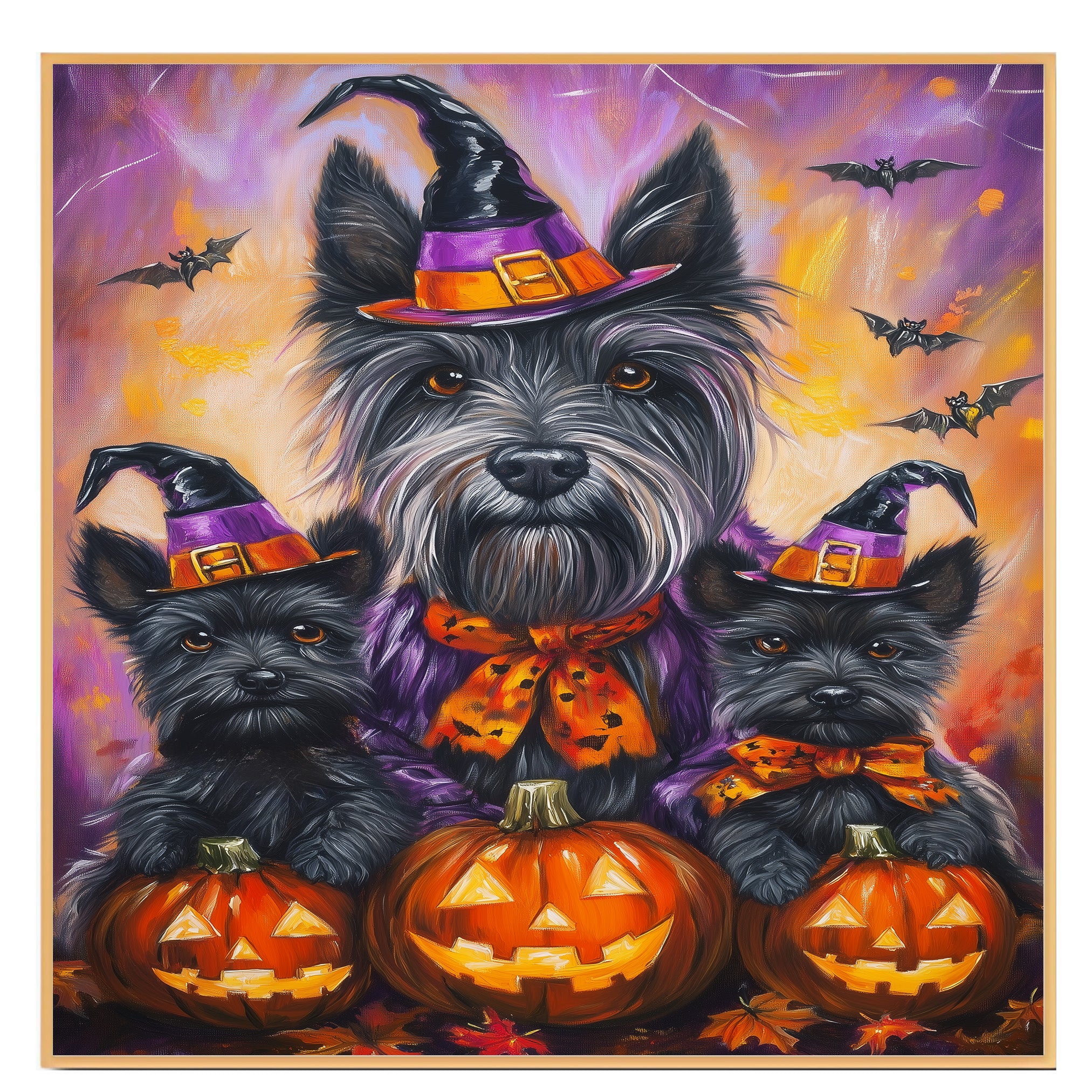 Rustic Halloween Scottish Terrier Dog Wall Art Canvas with Pumpkins Bats and Witch Hats Fall Farmhouse Pet Decor for Home on Ready to Hang 1.5" Thick Canvas Wrap, Floating Framed Canvas, Flat Rolled Canvas