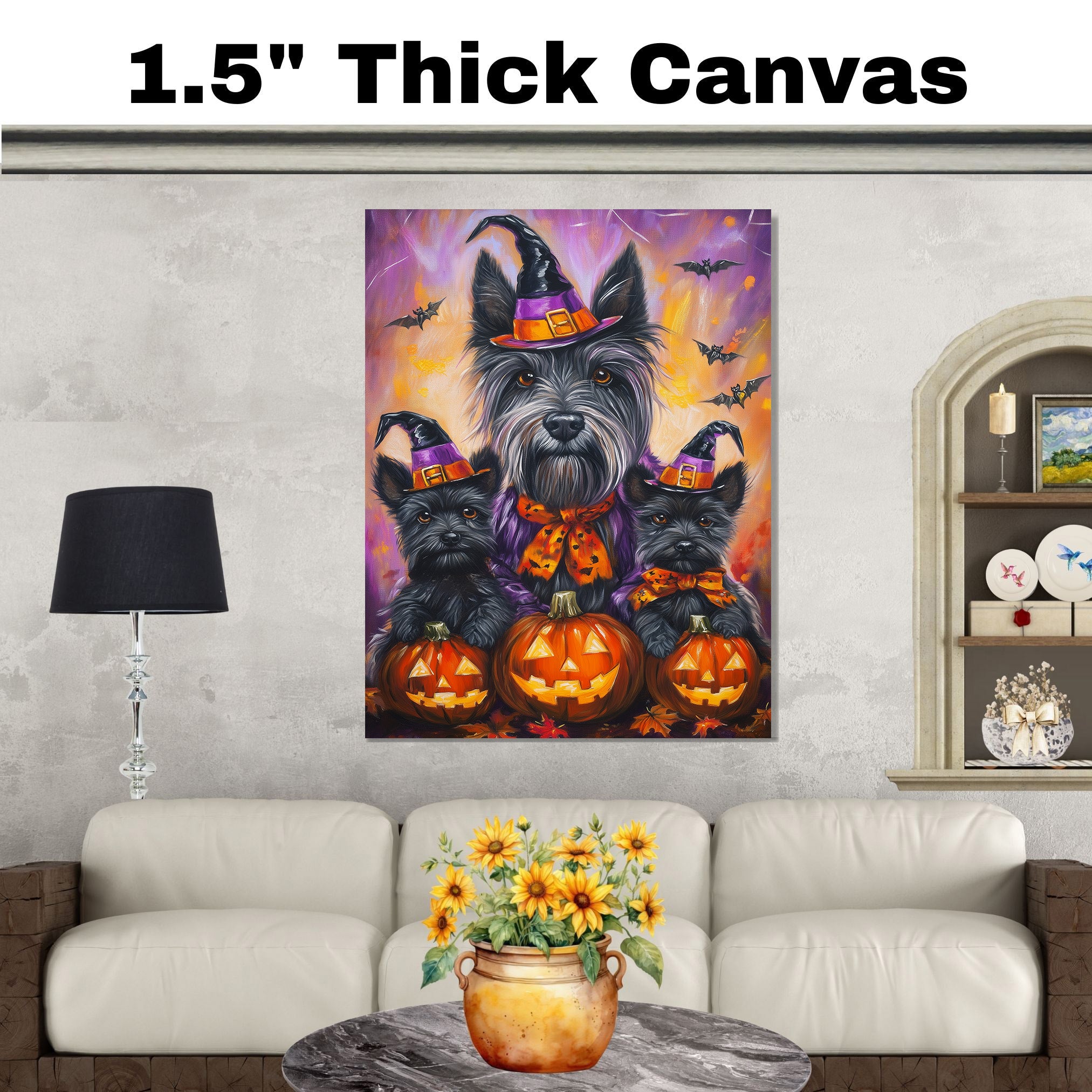 Rustic Halloween Scottish Terrier Dog Wall Art Canvas with Pumpkins Bats and Witch Hats Fall Farmhouse Pet Decor for Home on Ready to Hang 1.5" Thick Canvas Wrap, Floating Framed Canvas, Flat Rolled Canvas