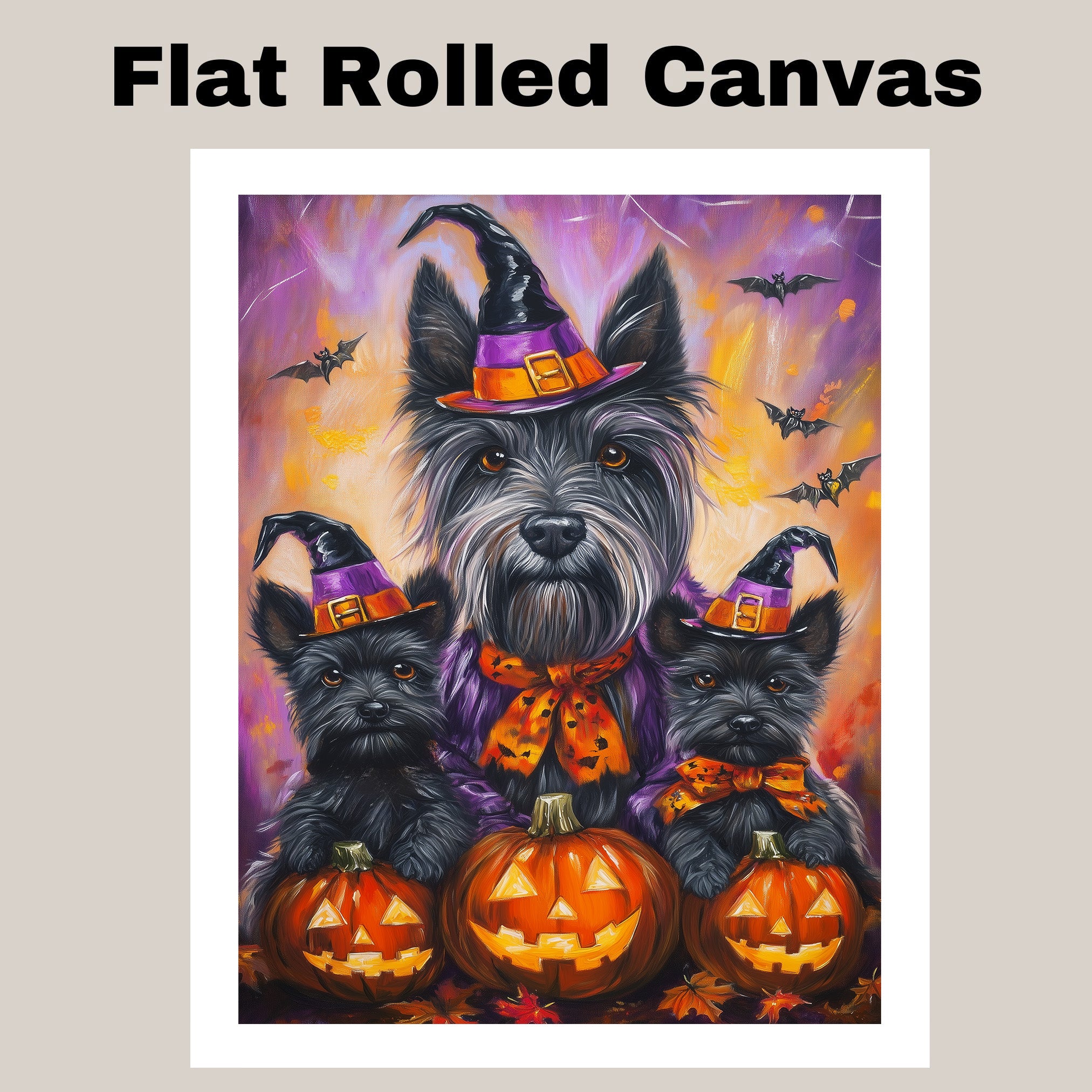 Rustic Halloween Scottish Terrier Dog Wall Art Canvas with Pumpkins Bats and Witch Hats Fall Farmhouse Pet Decor for Home on Ready to Hang 1.5" Thick Canvas Wrap, Floating Framed Canvas, Flat Rolled Canvas