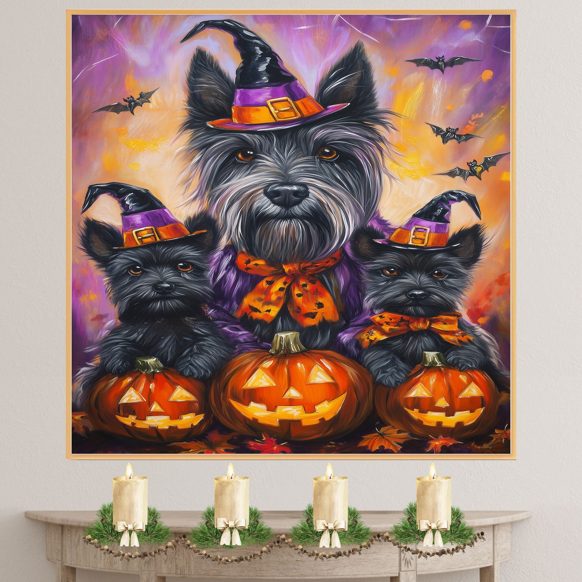 Rustic Halloween Scottish Terrier Dog Wall Art Canvas with Pumpkins Bats and Witch Hats Fall Farmhouse Pet Decor for Home on Ready to Hang 1.5" Thick Canvas Wrap, Floating Framed Canvas, Flat Rolled Canvas