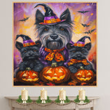 Rustic Halloween Scottish Terrier Dog Wall Art Canvas with Pumpkins Bats and Witch Hats Fall Farmhouse Pet Decor for Home on Ready to Hang 1.5" Thick Canvas Wrap, Floating Framed Canvas, Flat Rolled Canvas