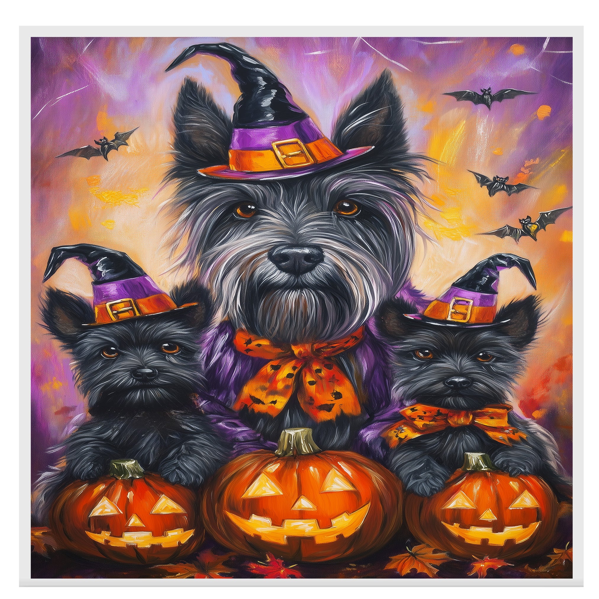 Rustic Halloween Scottish Terrier Dog Wall Art Canvas with Pumpkins Bats and Witch Hats Fall Farmhouse Pet Decor for Home on Ready to Hang 1.5" Thick Canvas Wrap, Floating Framed Canvas, Flat Rolled Canvas