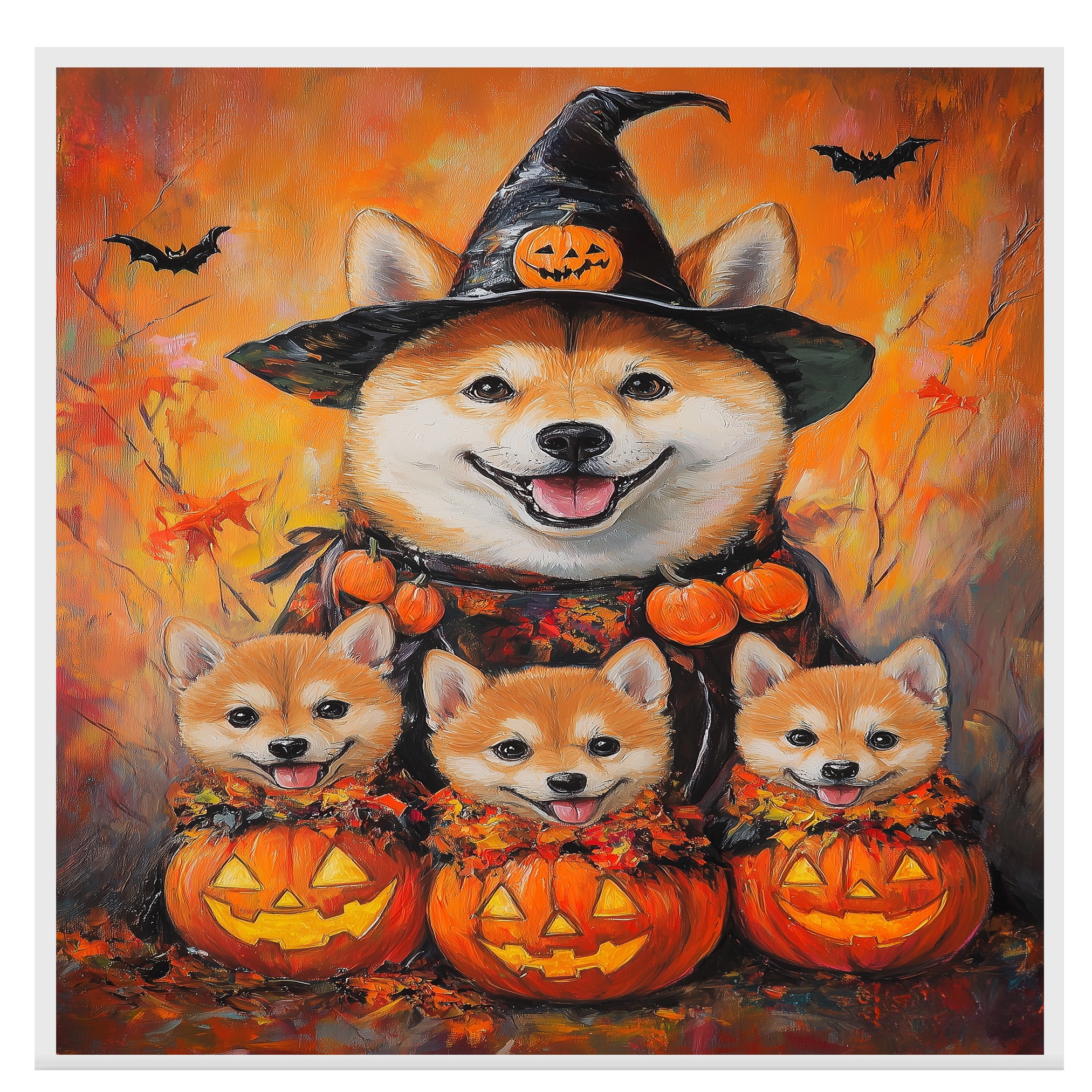Shiba Inu Dog Halloween Wall Art Rustic Fall Canvas with Pumpkins Witch Hat and Bats Autumn Farmhouse Pet Decor for Home on Ready to Hang 1.5" Thick Canvas Wrap, Floating Framed Canvas, Flat Rolled Canvas