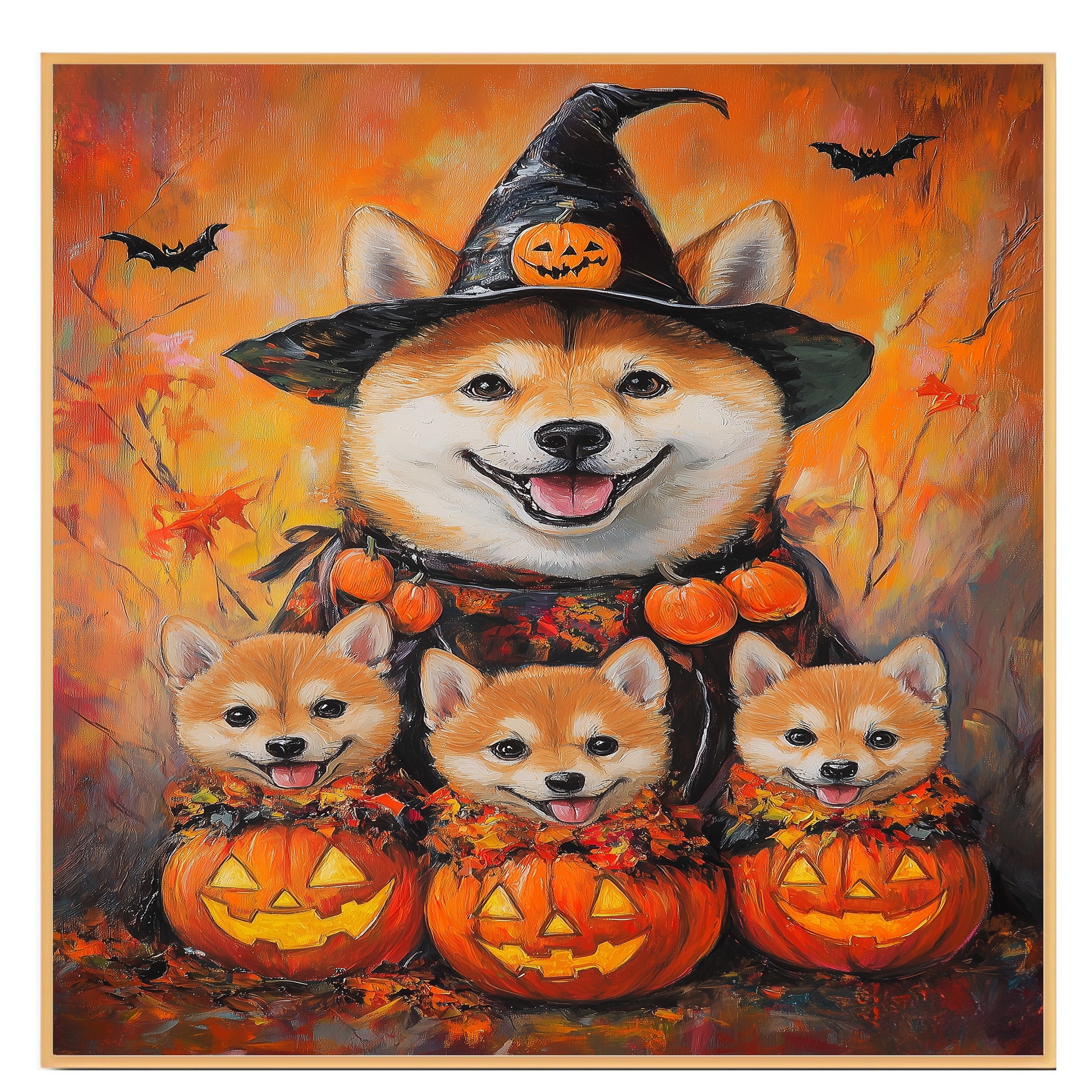 Shiba Inu Dog Halloween Wall Art Rustic Fall Canvas with Pumpkins Witch Hat and Bats Autumn Farmhouse Pet Decor for Home on Ready to Hang 1.5" Thick Canvas Wrap, Floating Framed Canvas, Flat Rolled Canvas