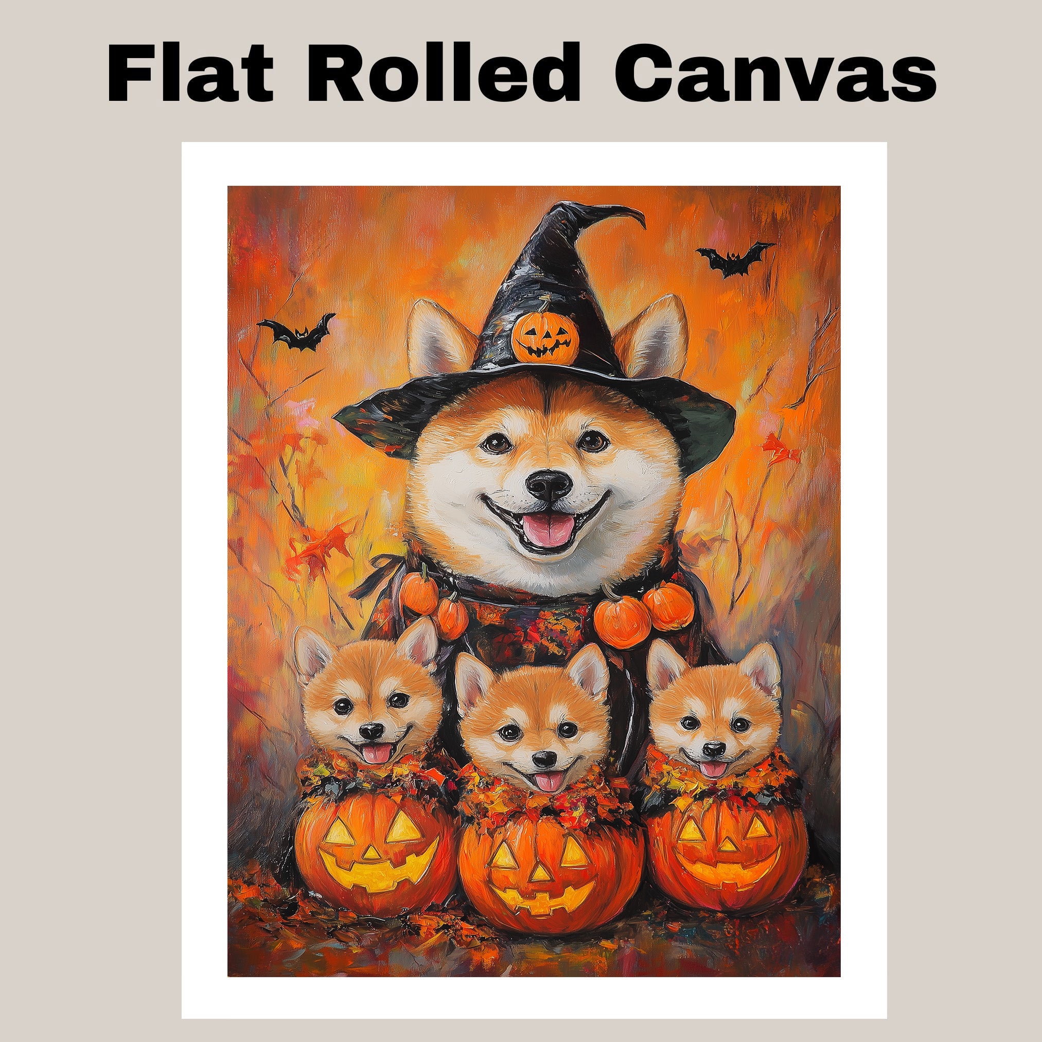 Shiba Inu Dog Halloween Wall Art Rustic Fall Canvas with Pumpkins Witch Hat and Bats Autumn Farmhouse Pet Decor for Home on Ready to Hang 1.5" Thick Canvas Wrap, Floating Framed Canvas, Flat Rolled Canvas