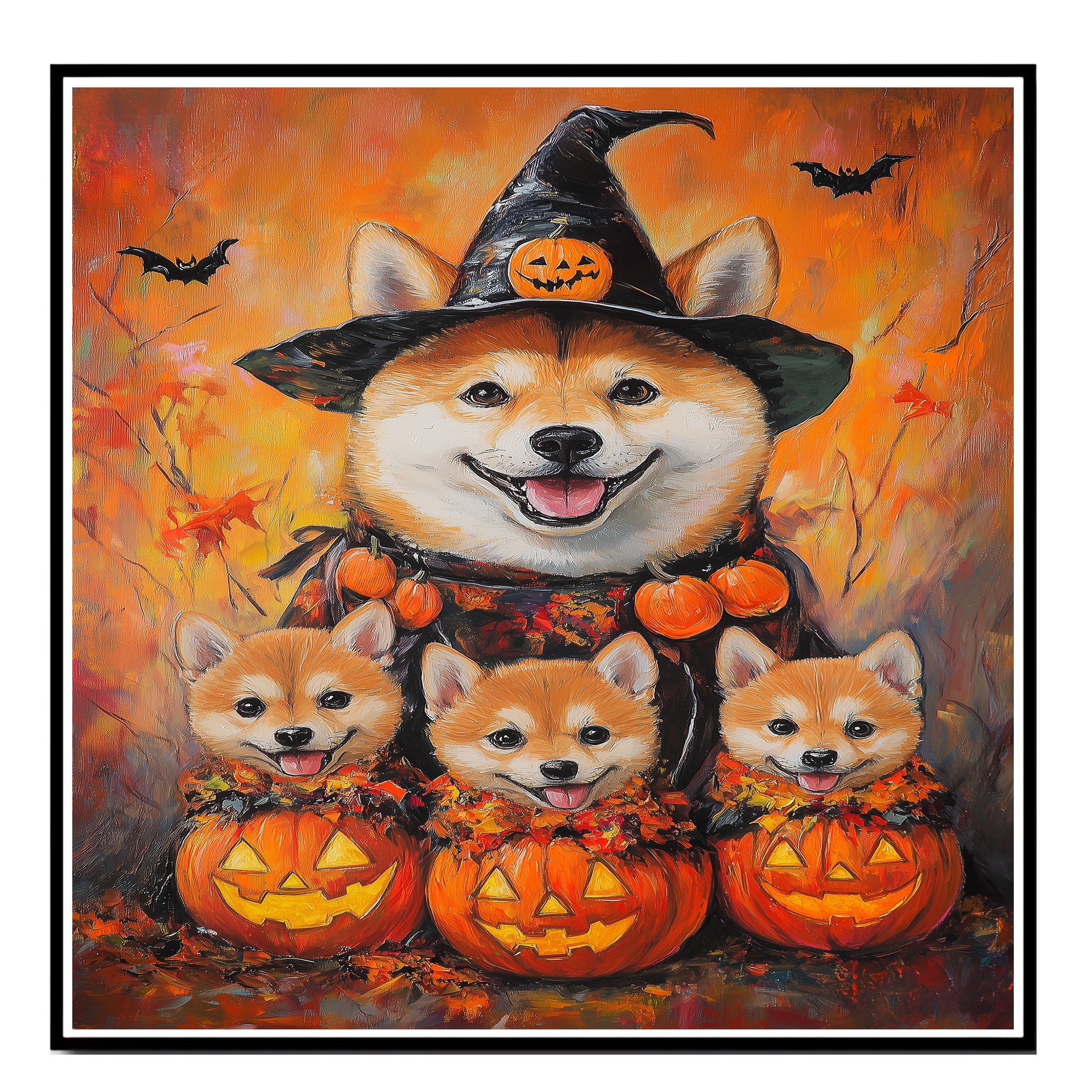 Shiba Inu Dog Halloween Wall Art Rustic Fall Canvas with Pumpkins Witch Hat and Bats Autumn Farmhouse Pet Decor for Home on Ready to Hang 1.5" Thick Canvas Wrap, Floating Framed Canvas, Flat Rolled Canvas