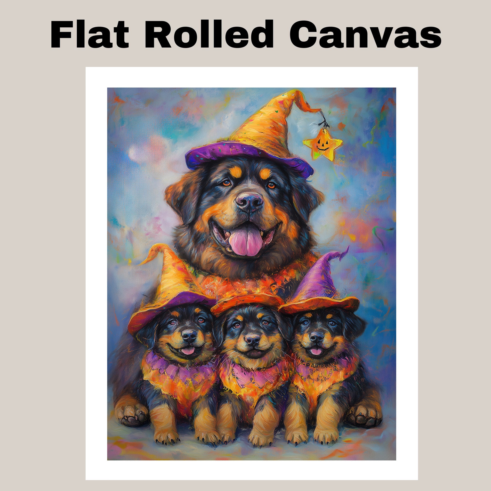 Tibetan Mastiff Dog Halloween Wall Art Rustic Fall Canvas with Pumpkin Witch Hat Autumn Farmhouse Pet Decor for Living Room on Ready to Hang 1.5" Thick Canvas Wrap, Floating Framed Canvas, Flat Rolled Canvas