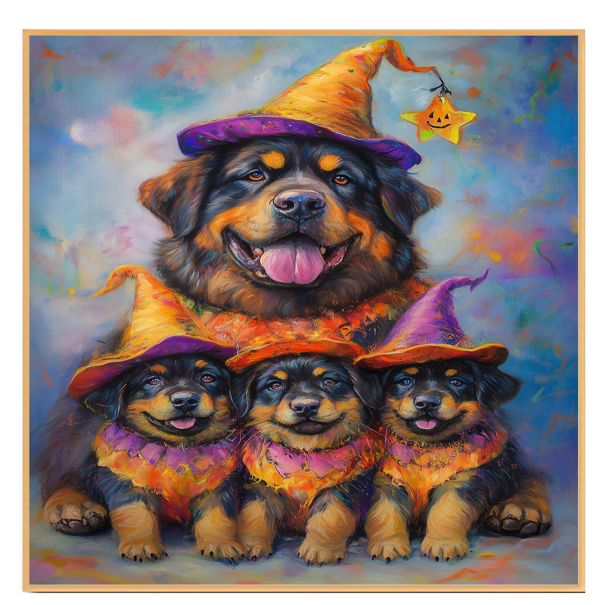 Tibetan Mastiff Dog Halloween Wall Art Rustic Fall Canvas with Pumpkin Witch Hat Autumn Farmhouse Pet Decor for Living Room on Ready to Hang 1.5" Thick Canvas Wrap, Floating Framed Canvas, Flat Rolled Canvas