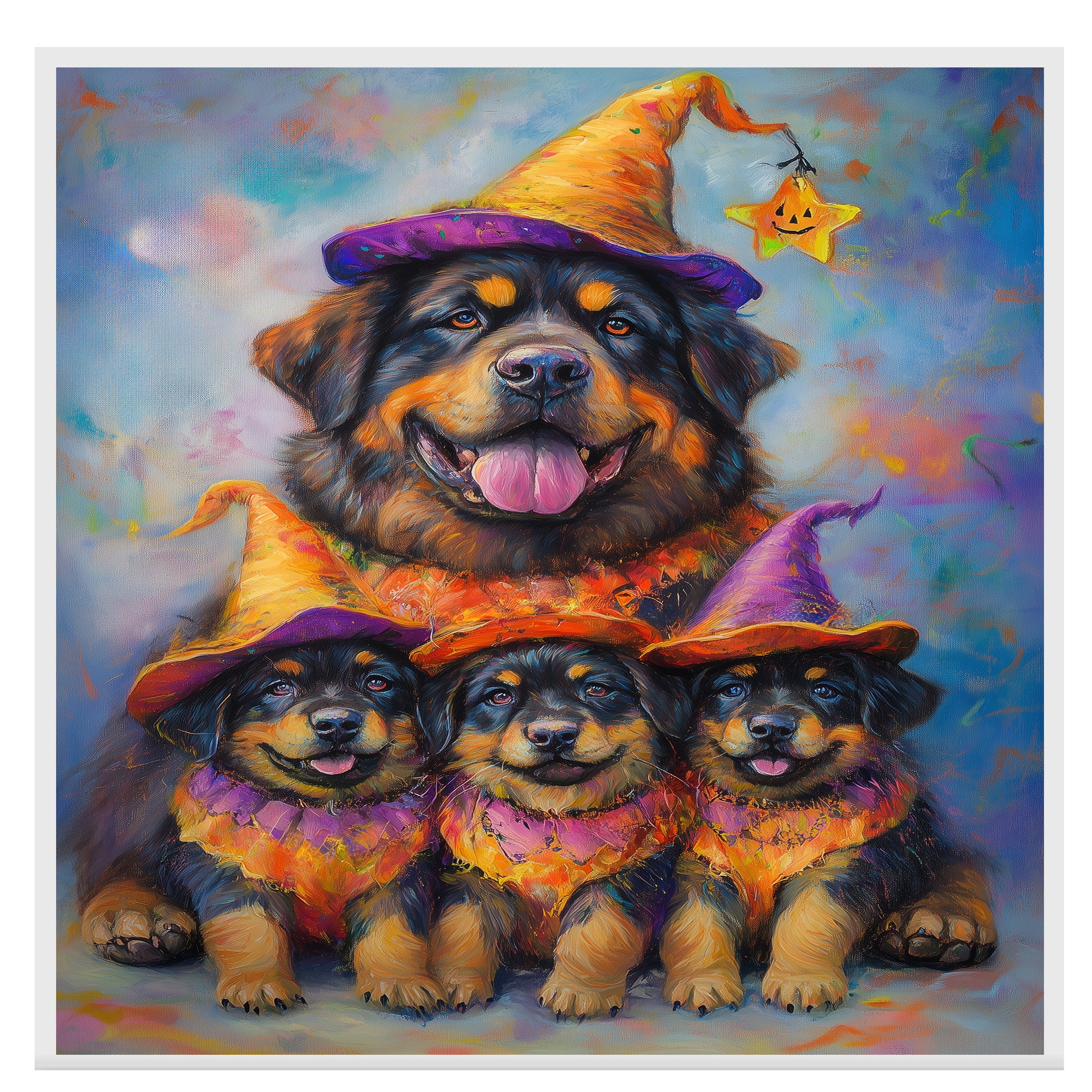 Tibetan Mastiff Dog Halloween Wall Art Rustic Fall Canvas with Pumpkin Witch Hat Autumn Farmhouse Pet Decor for Living Room on Ready to Hang 1.5" Thick Canvas Wrap, Floating Framed Canvas, Flat Rolled Canvas