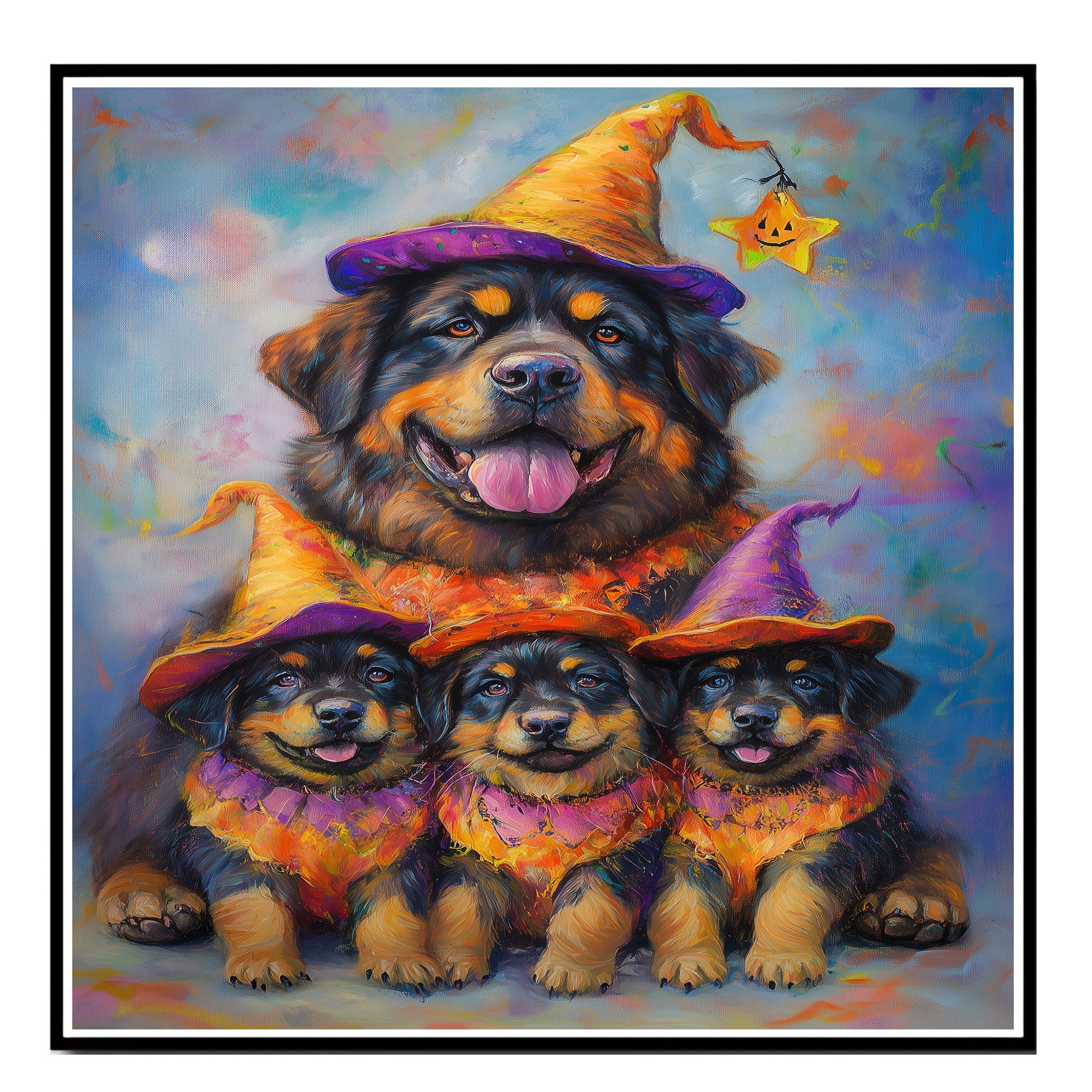 Tibetan Mastiff Dog Halloween Wall Art Rustic Fall Canvas with Pumpkin Witch Hat Autumn Farmhouse Pet Decor for Living Room on Ready to Hang 1.5" Thick Canvas Wrap, Floating Framed Canvas, Flat Rolled Canvas