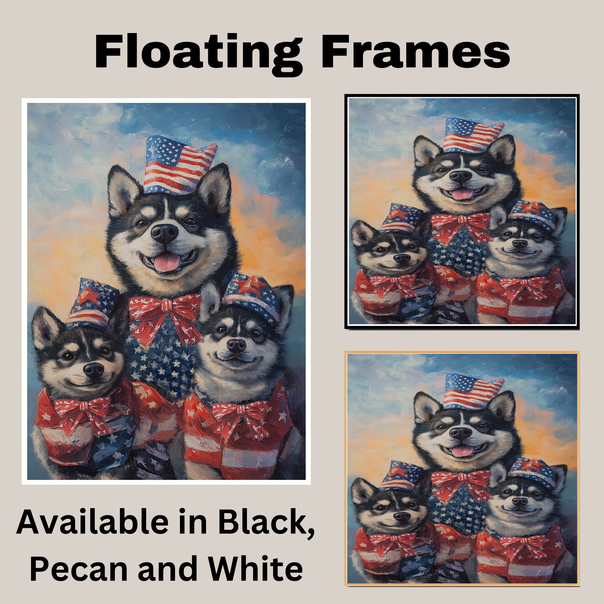 Patriotic Akita Mother and Puppies in American Flag Outfits and Hats with Sunset Sky Background and Star Bowties on Ready to Hang 1.5" Thick Canvas Wrap, Floating Framed Canvas, Flat Rolled Canvas