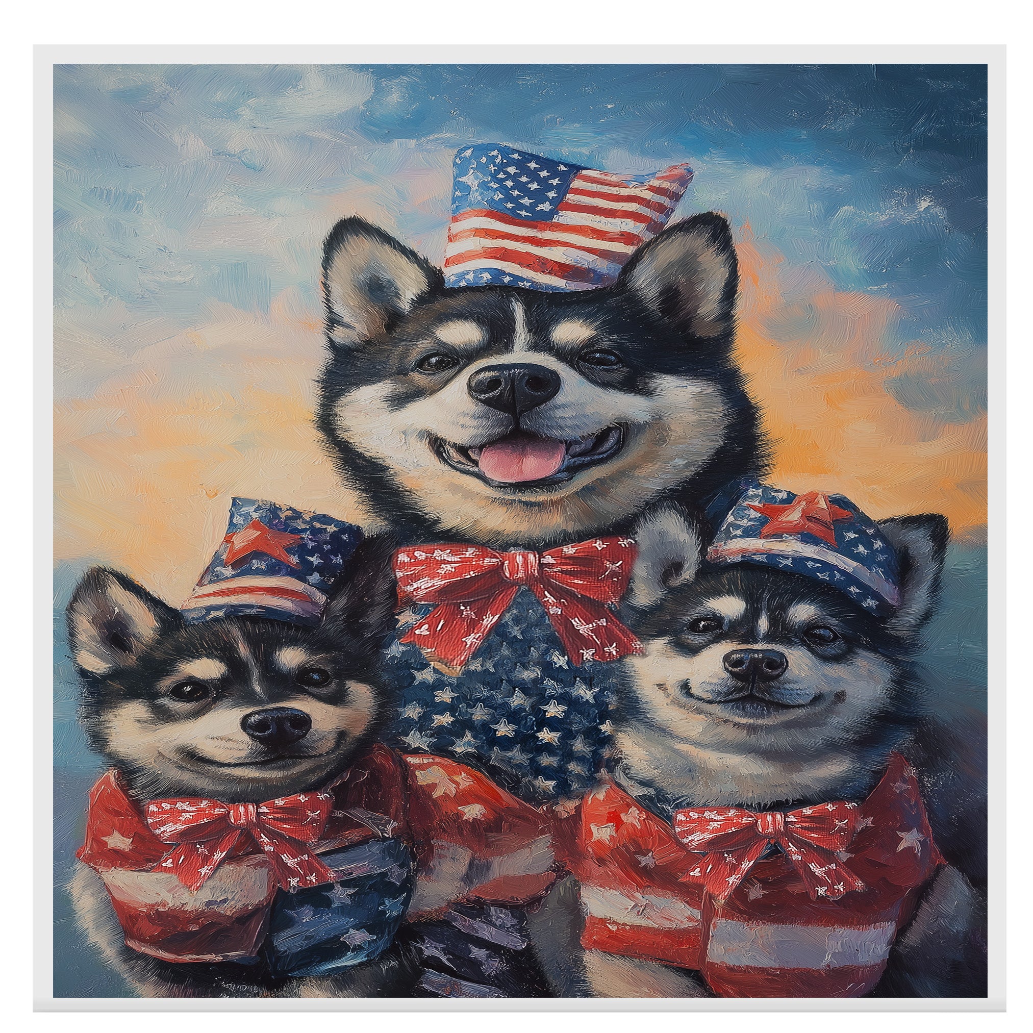 Patriotic Akita Mother and Puppies in American Flag Outfits and Hats with Sunset Sky Background and Star Bowties on Ready to Hang 1.5" Thick Canvas Wrap, Floating Framed Canvas, Flat Rolled Canvas