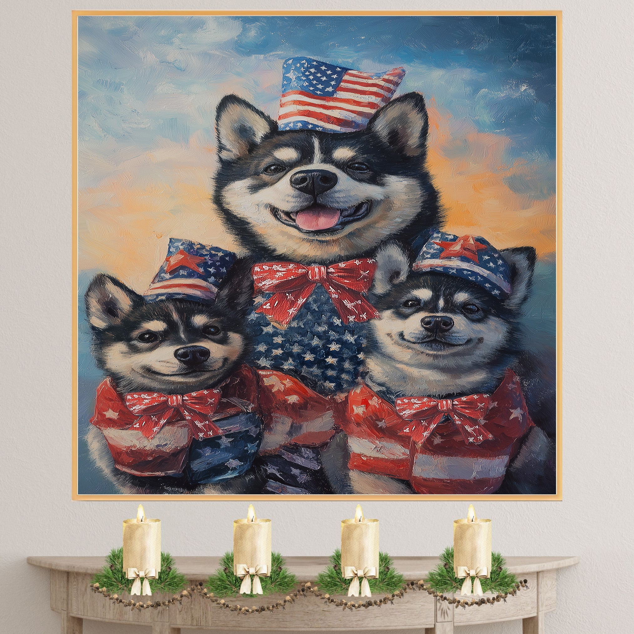 Patriotic Akita Mother and Puppies in American Flag Outfits and Hats with Sunset Sky Background and Star Bowties on Ready to Hang 1.5" Thick Canvas Wrap, Floating Framed Canvas, Flat Rolled Canvas