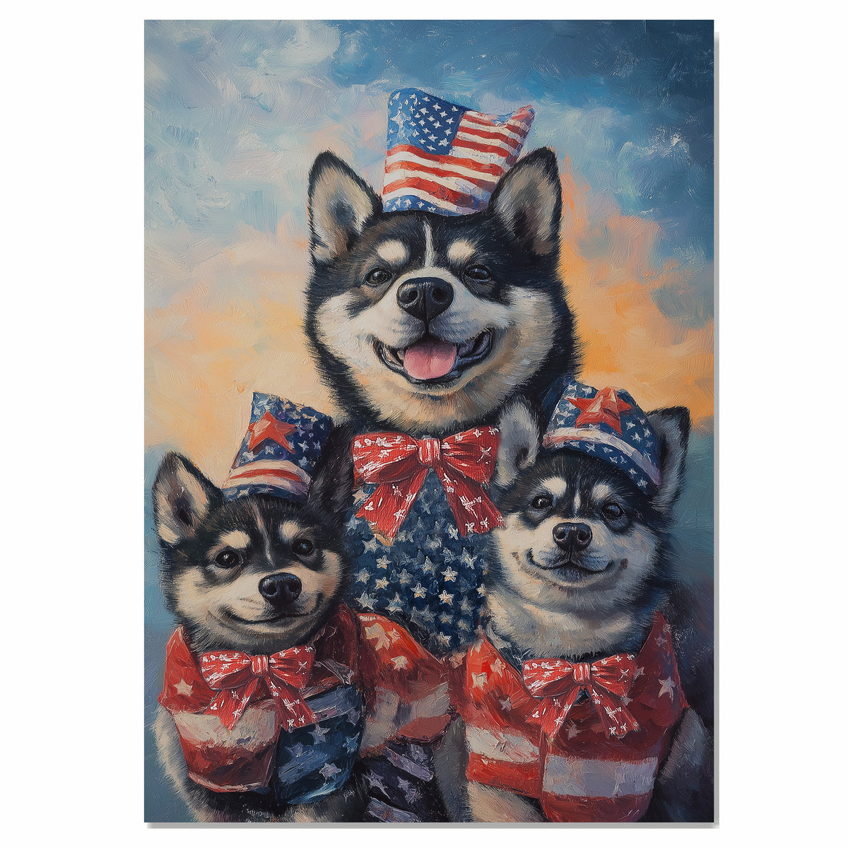 Patriotic Akita Mother and Puppies in American Flag Outfits and Hats with Sunset Sky Background and Star Bowties on Ready to Hang 1.5" Thick Canvas Wrap, Floating Framed Canvas, Flat Rolled Canvas