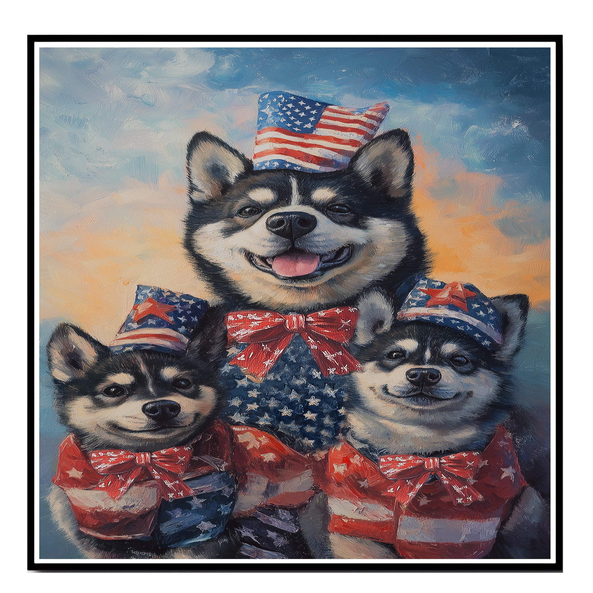 Patriotic Akita Mother and Puppies in American Flag Outfits and Hats with Sunset Sky Background and Star Bowties on Ready to Hang 1.5" Thick Canvas Wrap, Floating Framed Canvas, Flat Rolled Canvas