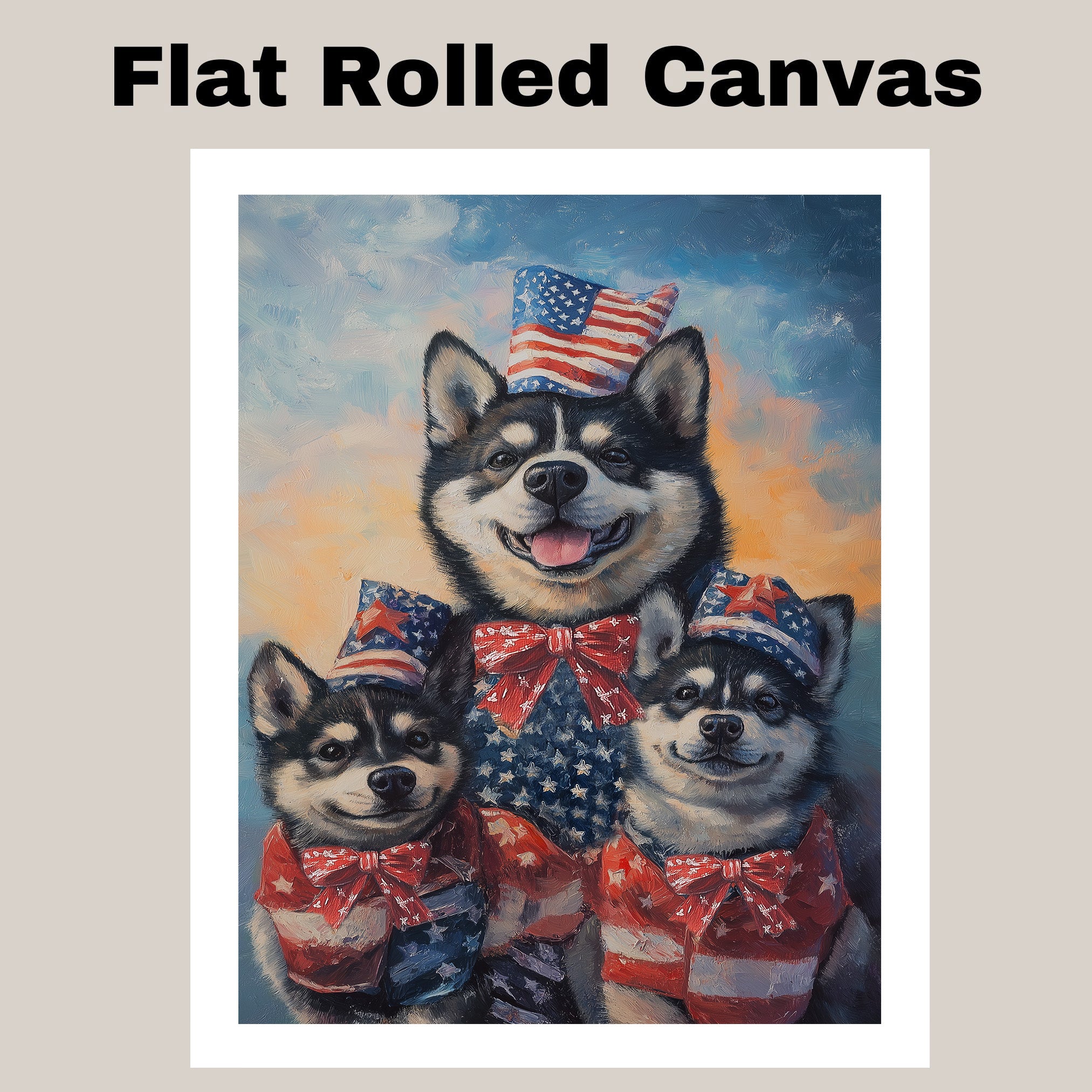 Patriotic Akita Mother and Puppies in American Flag Outfits and Hats with Sunset Sky Background and Star Bowties on Ready to Hang 1.5" Thick Canvas Wrap, Floating Framed Canvas, Flat Rolled Canvas