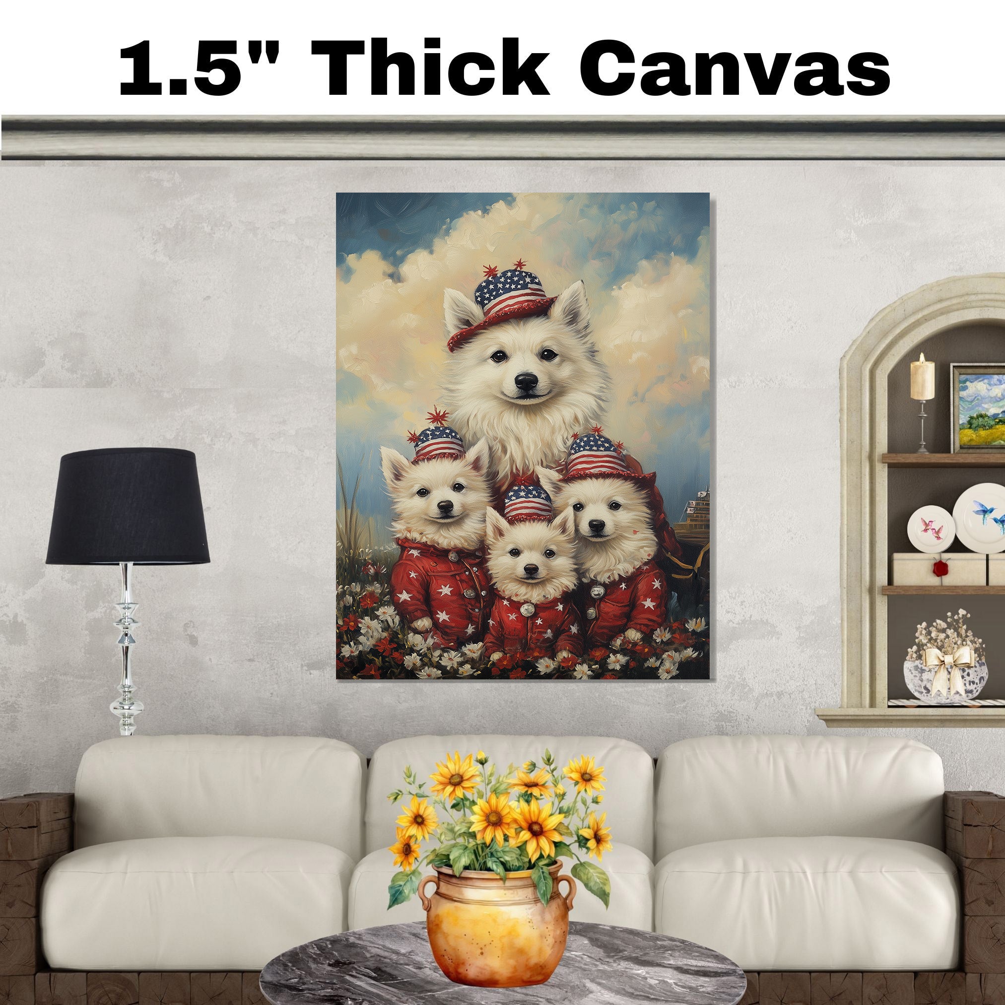 American Eskimo Dog Mom and Puppies in Red Star Outfits and Patriotic Hats with Soft Sky and Meadow Flowers Background on Ready to Hang 1.5" Thick Canvas Wrap, Floating Framed Canvas, Flat Rolled Canvas