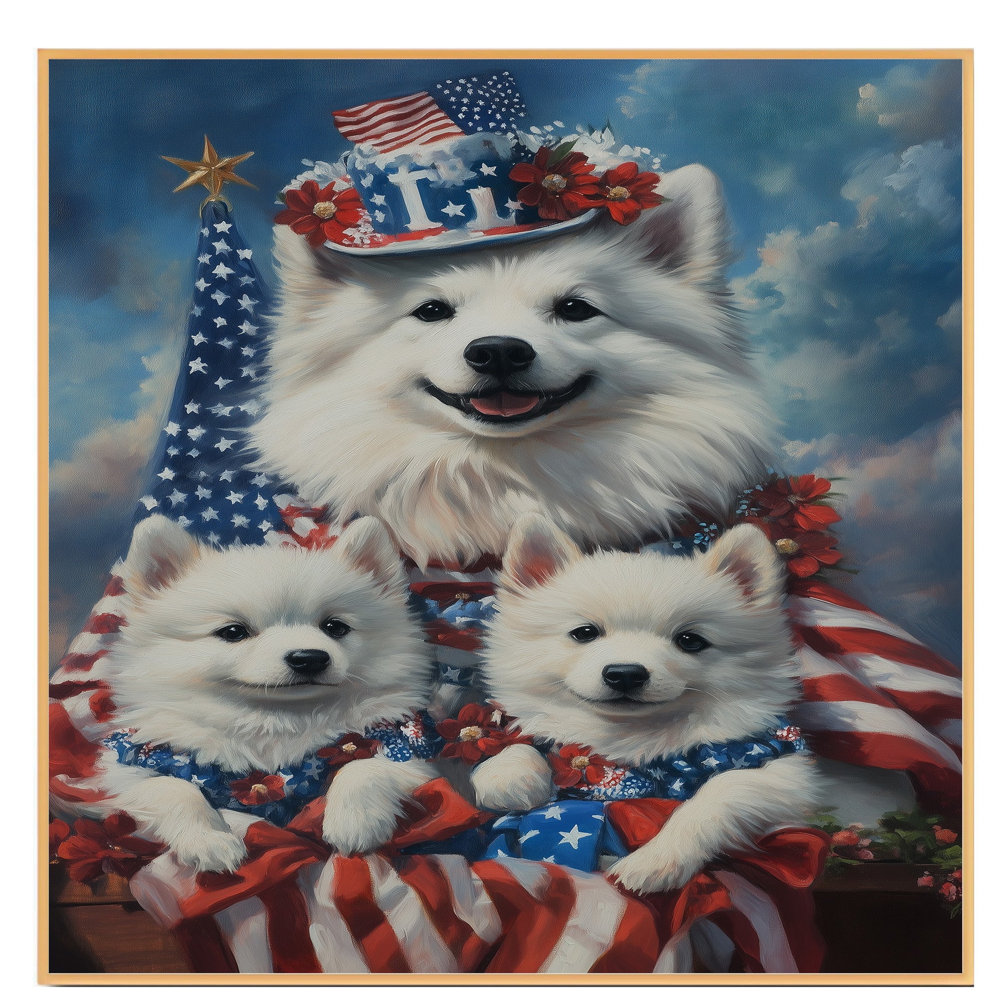 American Eskimo Dog Mom and Puppies in Patriotic Outfits with Flags and Flowers Against a Cloudy Blue Sky Backdrop on Ready to Hang 1.5" Thick Canvas Wrap, Floating Framed Canvas, Flat Rolled Canvas