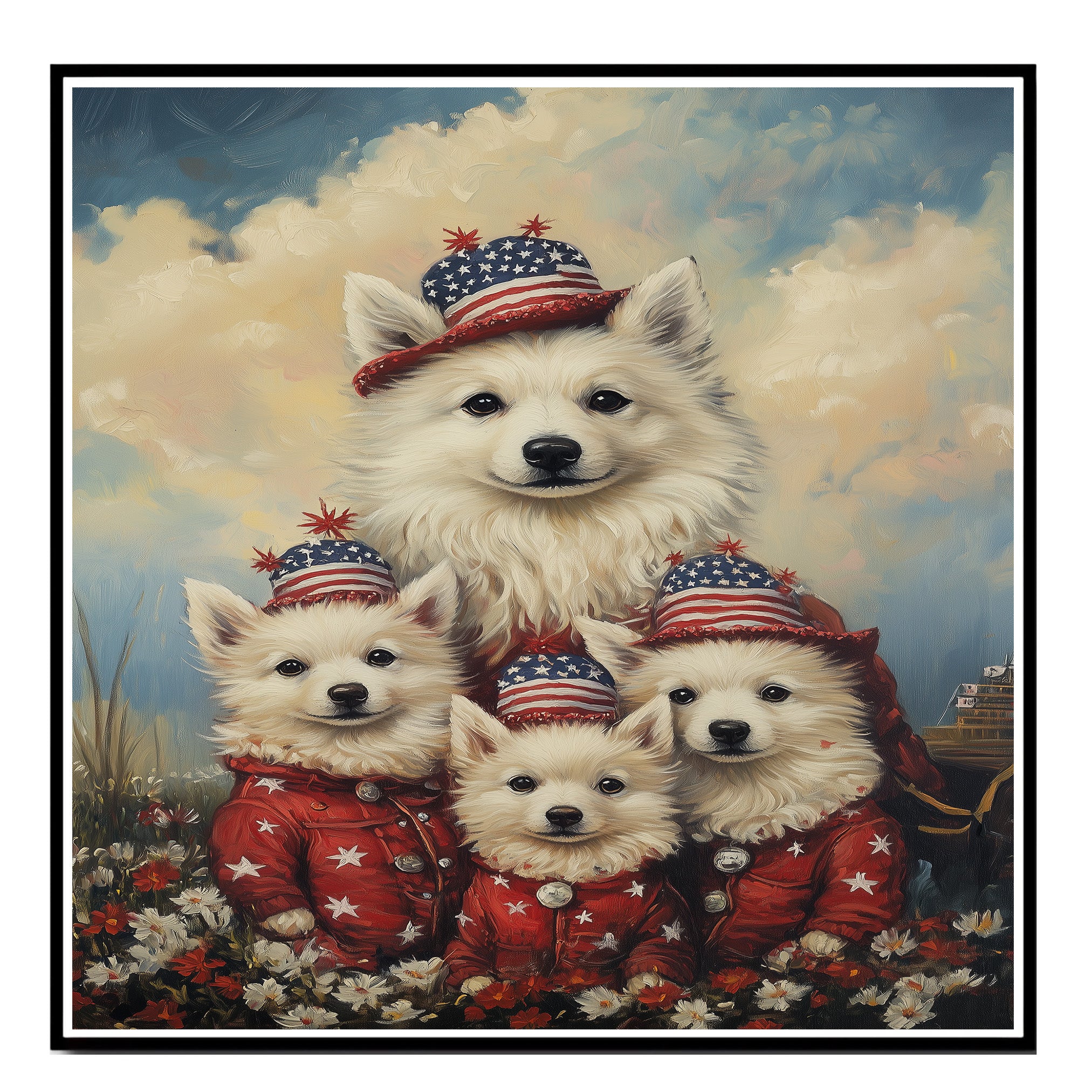 American Eskimo Dog Mom and Puppies in Red Star Outfits and Patriotic Hats with Soft Sky and Meadow Flowers Background on Ready to Hang 1.5" Thick Canvas Wrap, Floating Framed Canvas, Flat Rolled Canvas