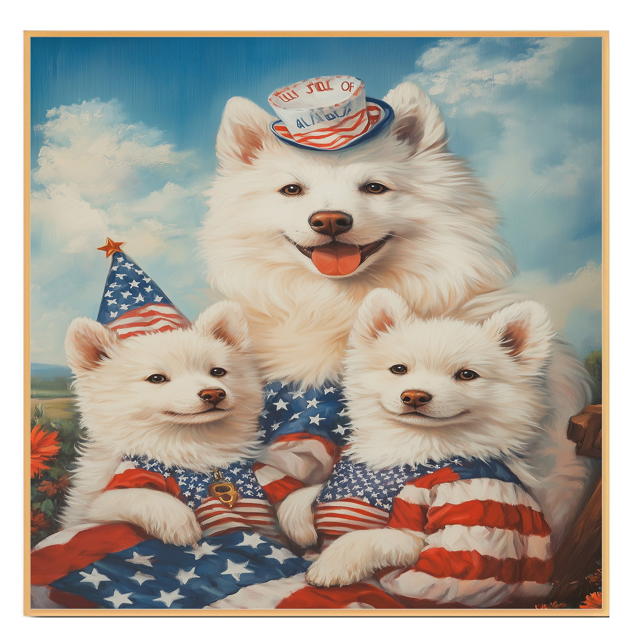 American Eskimo Dog Mom and Puppies in Patriotic Outfits with Party Hats and Starry Sky Background for Fourth of July and Holiday Decor on Ready to Hang 1.5" Thick Canvas Wrap, Floating Framed Canvas, Flat Rolled Canvas