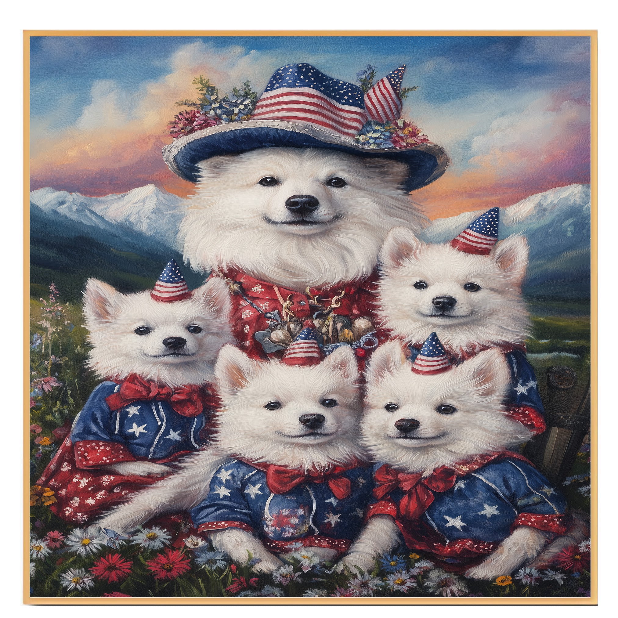 American Eskimo Dog Mom and Puppies in Patriotic Outfits with Party Hats in a Wildflower Meadow and Mountain Sunset Background on Ready to Hang 1.5" Thick Canvas Wrap, Floating Framed Canvas, Flat Rolled Canvas