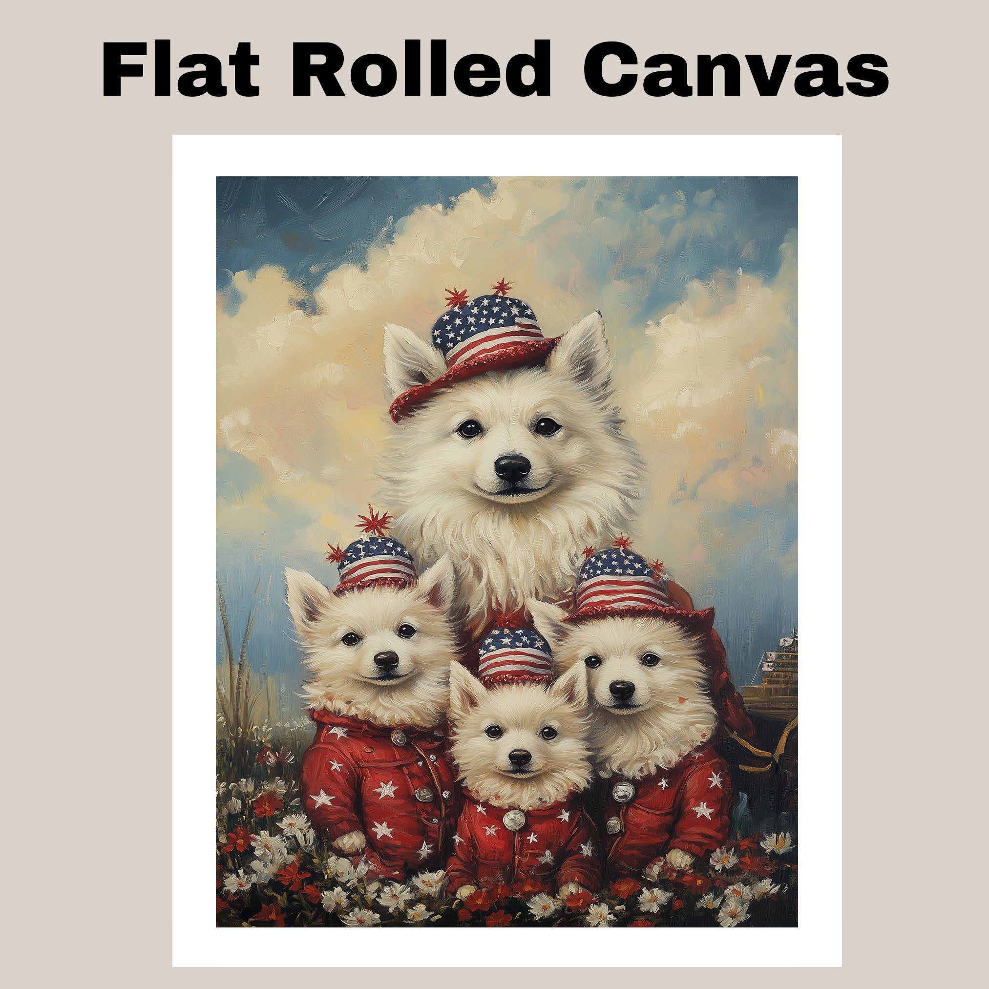 American Eskimo Dog Mom and Puppies in Red Star Outfits and Patriotic Hats with Soft Sky and Meadow Flowers Background on Ready to Hang 1.5" Thick Canvas Wrap, Floating Framed Canvas, Flat Rolled Canvas