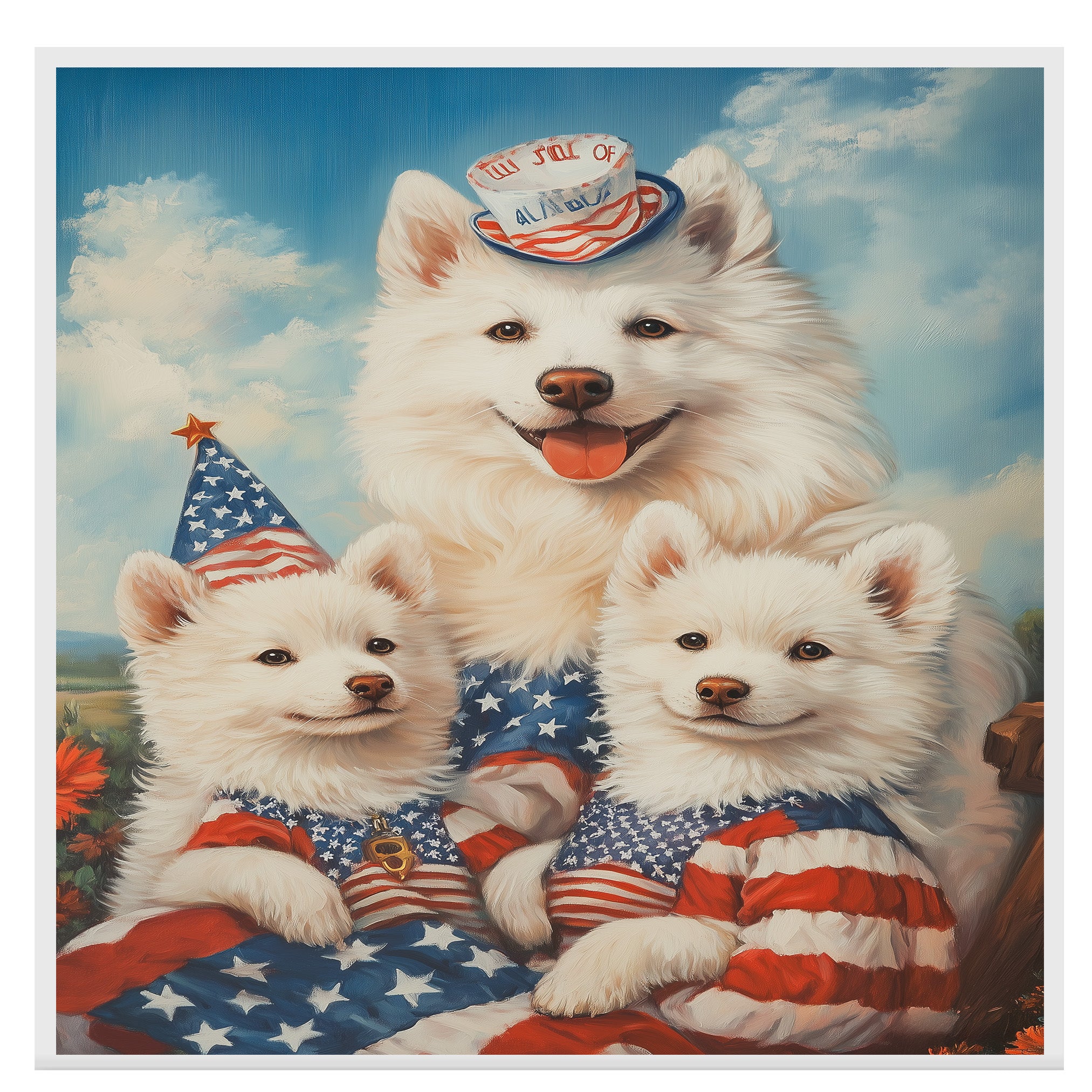 American Eskimo Dog Mom and Puppies in Patriotic Outfits with Party Hats and Starry Sky Background for Fourth of July and Holiday Decor on Ready to Hang 1.5" Thick Canvas Wrap, Floating Framed Canvas, Flat Rolled Canvas