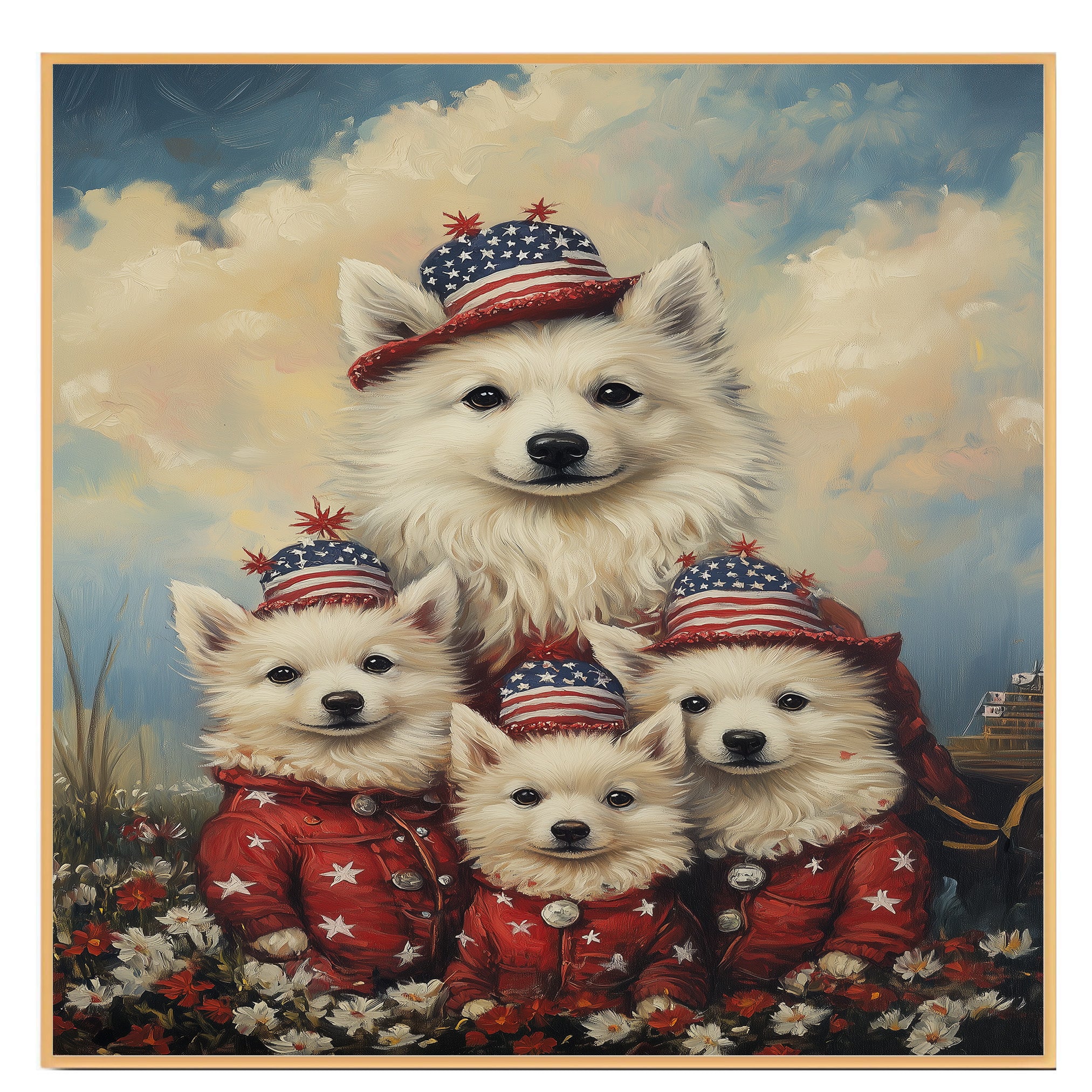 American Eskimo Dog Mom and Puppies in Red Star Outfits and Patriotic Hats with Soft Sky and Meadow Flowers Background on Ready to Hang 1.5" Thick Canvas Wrap, Floating Framed Canvas, Flat Rolled Canvas