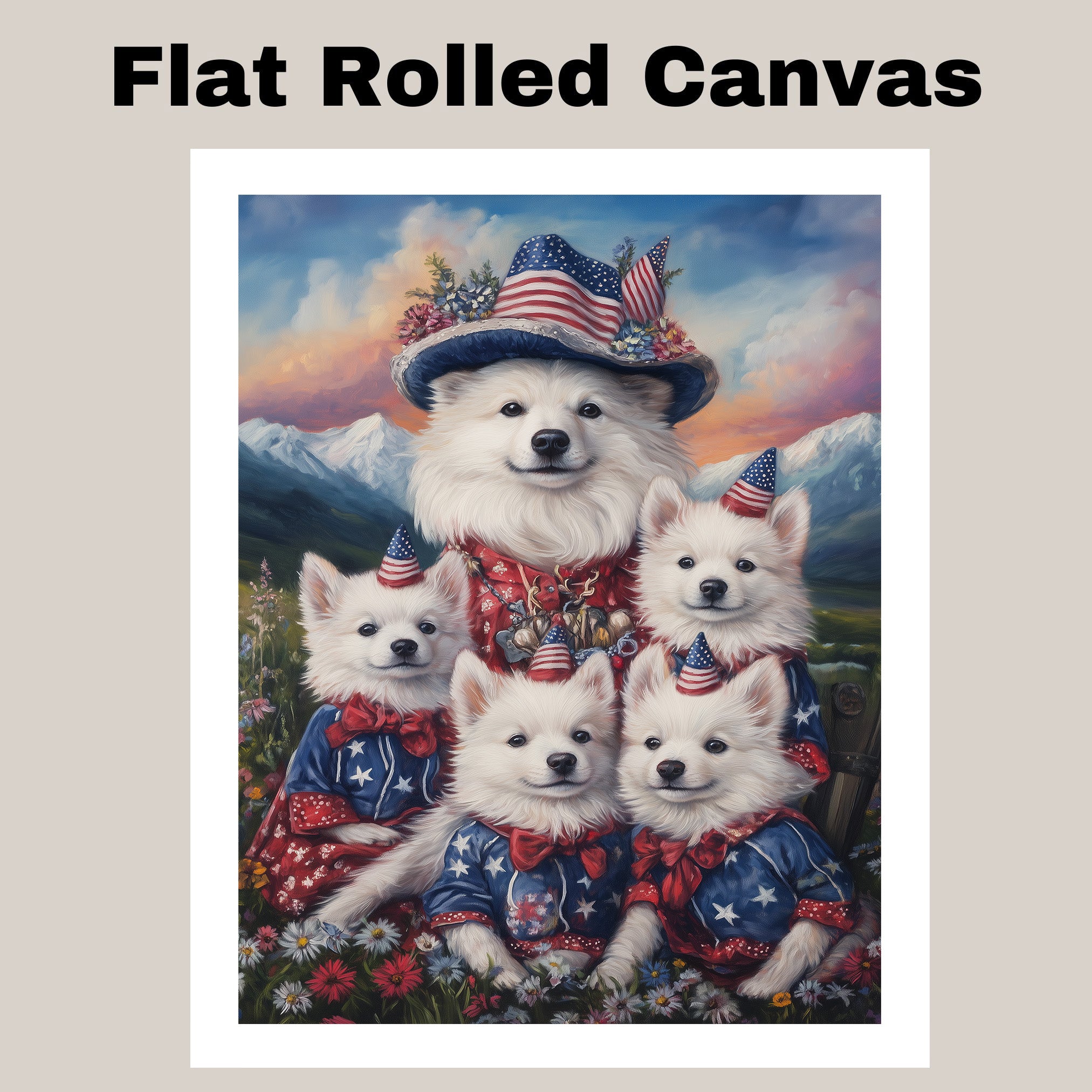 American Eskimo Dog Mom and Puppies in Patriotic Outfits with Party Hats in a Wildflower Meadow and Mountain Sunset Background on Ready to Hang 1.5" Thick Canvas Wrap, Floating Framed Canvas, Flat Rolled Canvas