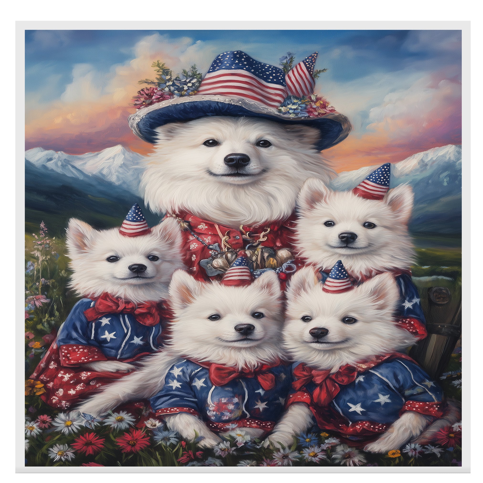 American Eskimo Dog Mom and Puppies in Patriotic Outfits with Party Hats in a Wildflower Meadow and Mountain Sunset Background on Ready to Hang 1.5" Thick Canvas Wrap, Floating Framed Canvas, Flat Rolled Canvas