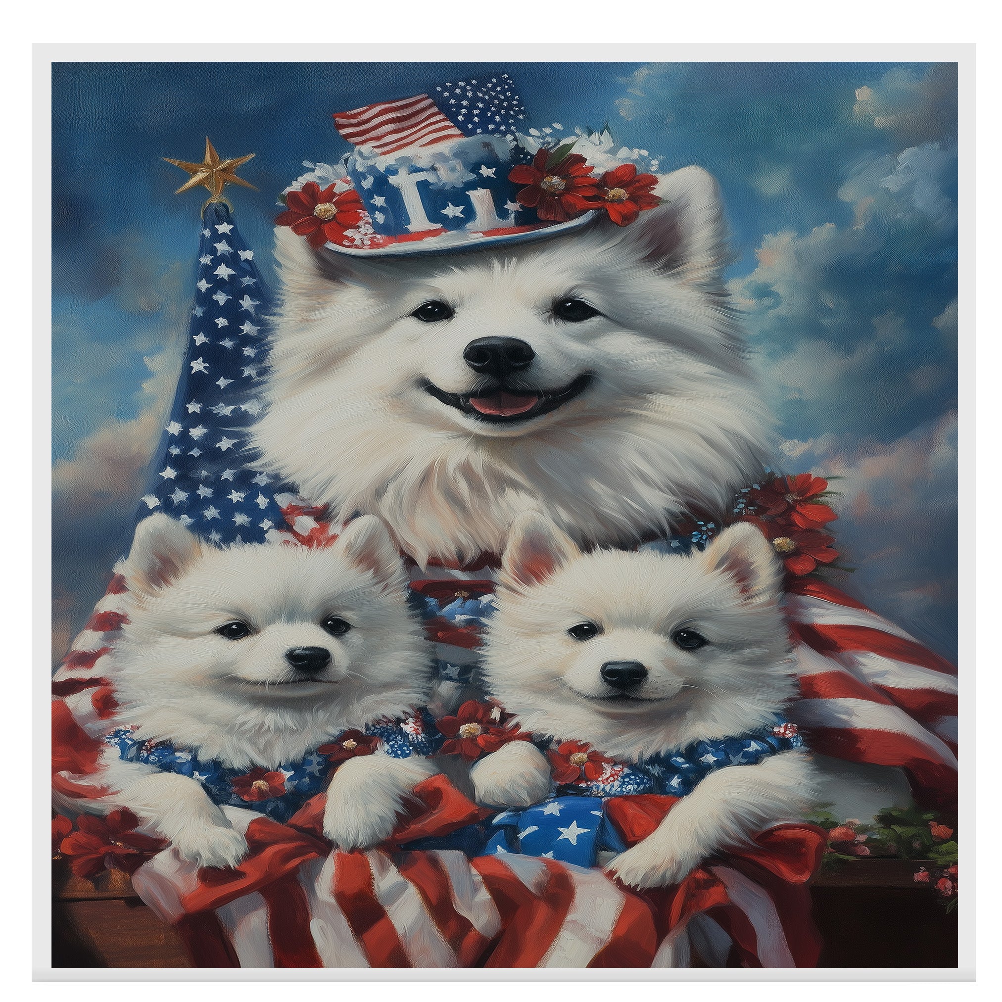 American Eskimo Dog Mom and Puppies in Patriotic Outfits with Flags and Flowers Against a Cloudy Blue Sky Backdrop on Ready to Hang 1.5" Thick Canvas Wrap, Floating Framed Canvas, Flat Rolled Canvas