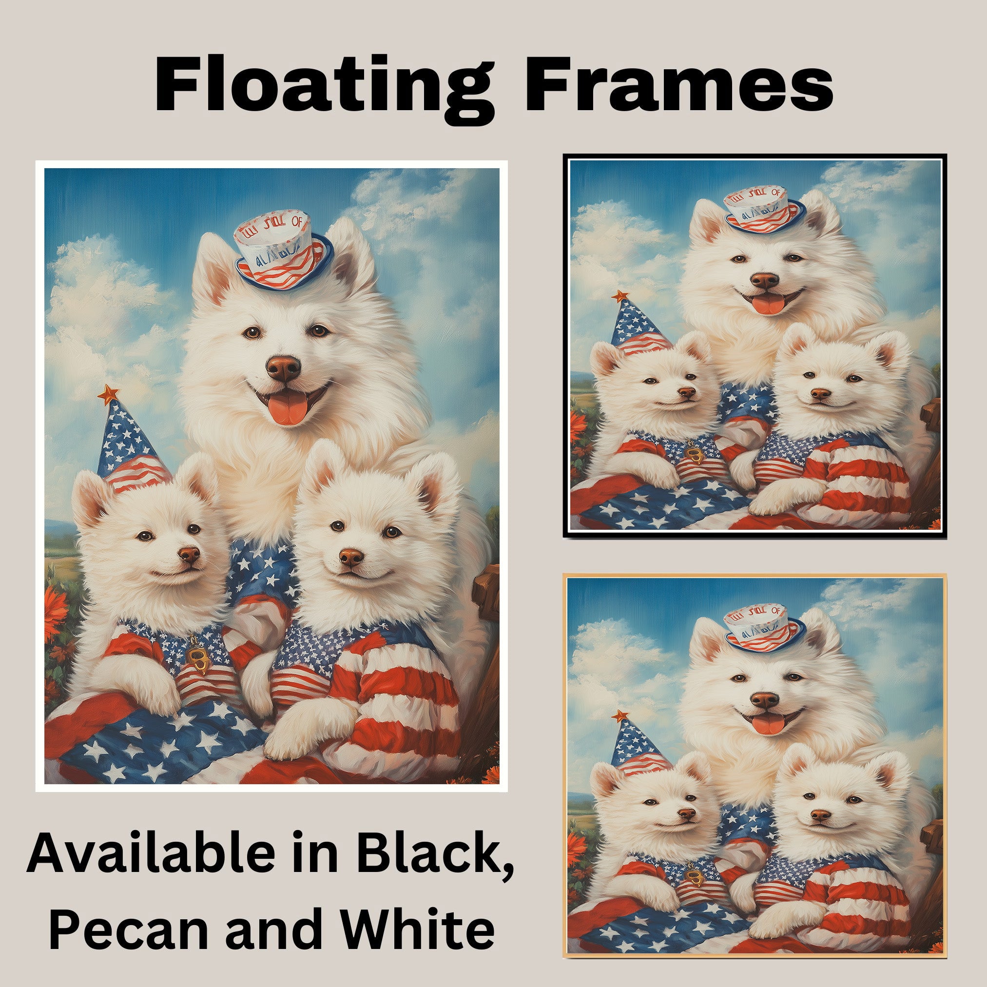 American Eskimo Dog Mom and Puppies in Patriotic Outfits with Party Hats and Starry Sky Background for Fourth of July and Holiday Decor on Ready to Hang 1.5" Thick Canvas Wrap, Floating Framed Canvas, Flat Rolled Canvas