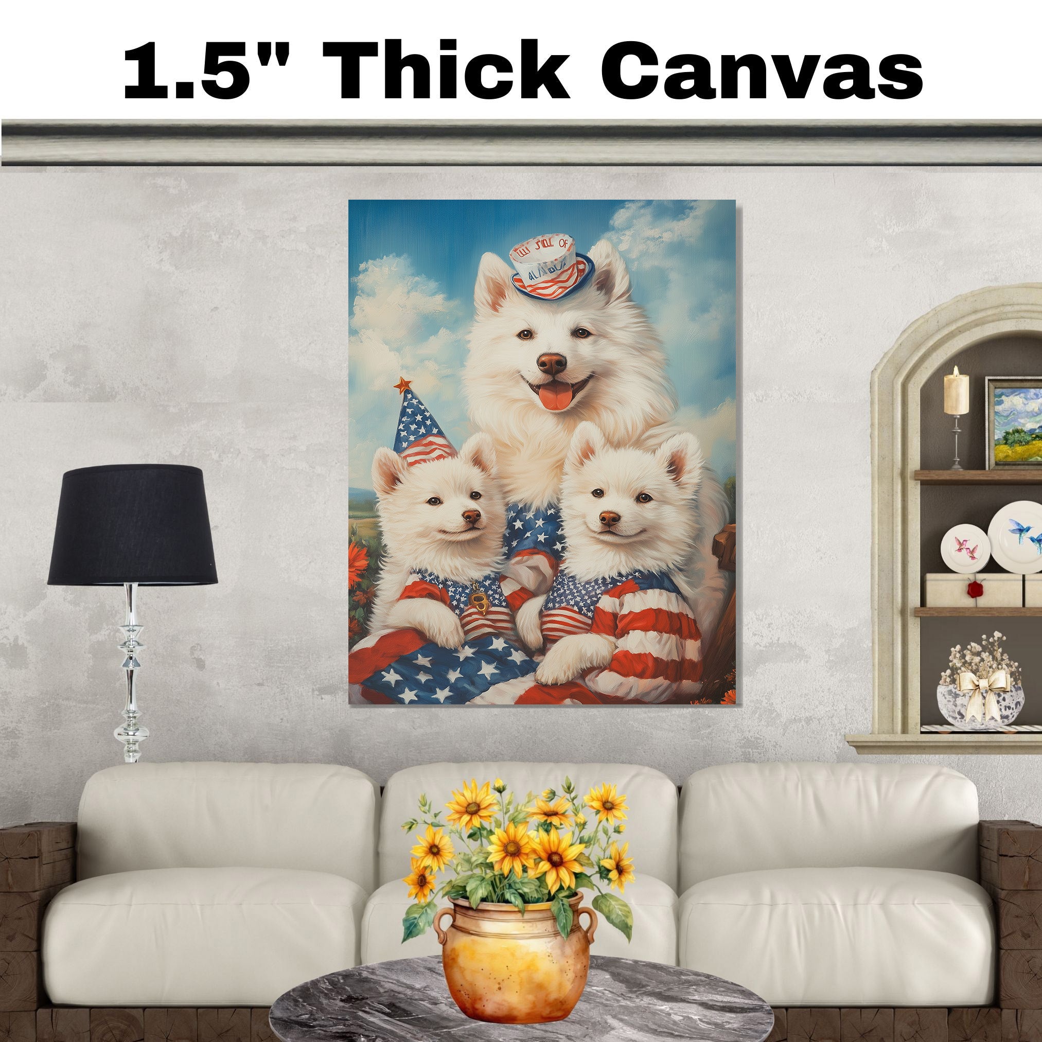 American Eskimo Dog Mom and Puppies in Patriotic Outfits with Party Hats and Starry Sky Background for Fourth of July and Holiday Decor on Ready to Hang 1.5" Thick Canvas Wrap, Floating Framed Canvas, Flat Rolled Canvas