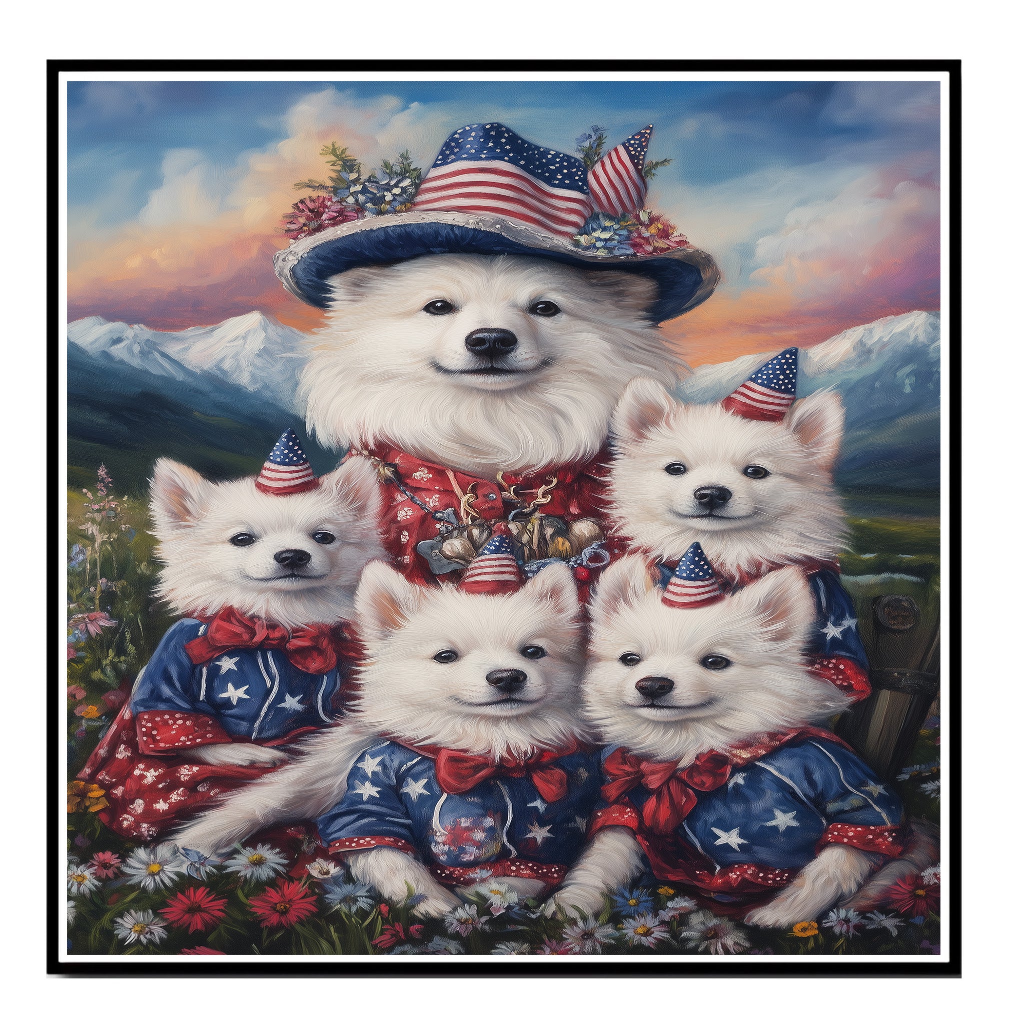 American Eskimo Dog Mom and Puppies in Patriotic Outfits with Party Hats in a Wildflower Meadow and Mountain Sunset Background on Ready to Hang 1.5" Thick Canvas Wrap, Floating Framed Canvas, Flat Rolled Canvas