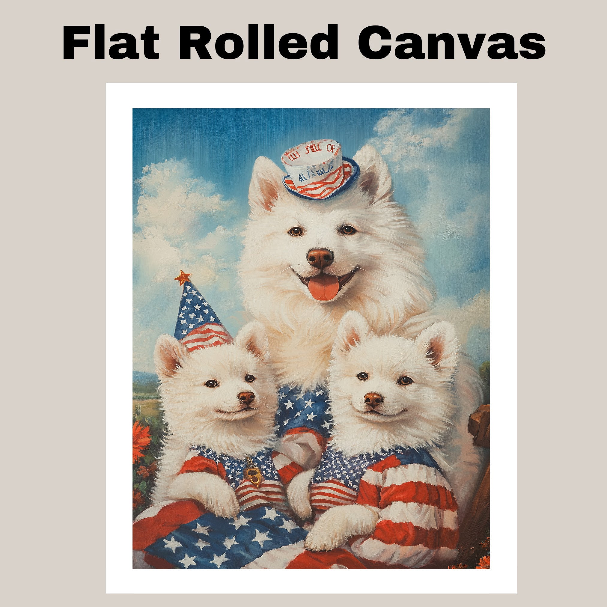 American Eskimo Dog Mom and Puppies in Patriotic Outfits with Party Hats and Starry Sky Background for Fourth of July and Holiday Decor on Ready to Hang 1.5" Thick Canvas Wrap, Floating Framed Canvas, Flat Rolled Canvas