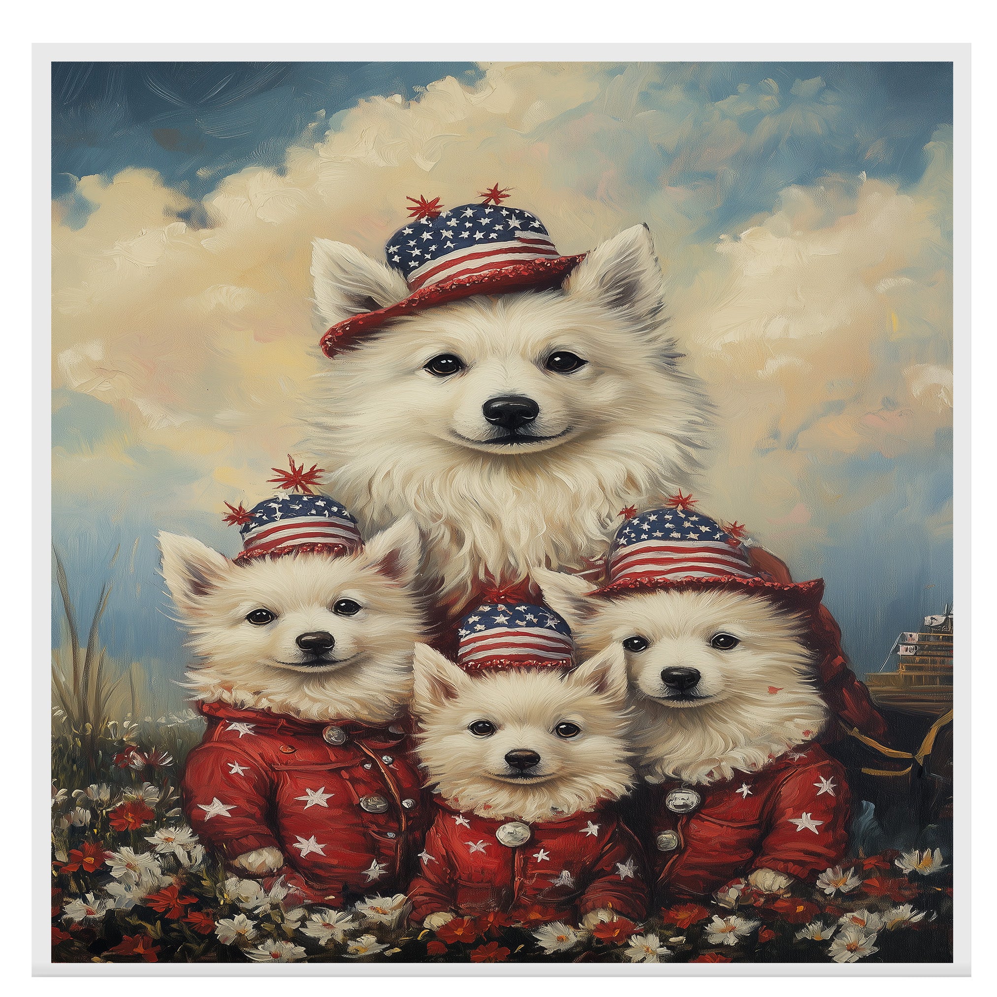 American Eskimo Dog Mom and Puppies in Red Star Outfits and Patriotic Hats with Soft Sky and Meadow Flowers Background on Ready to Hang 1.5" Thick Canvas Wrap, Floating Framed Canvas, Flat Rolled Canvas