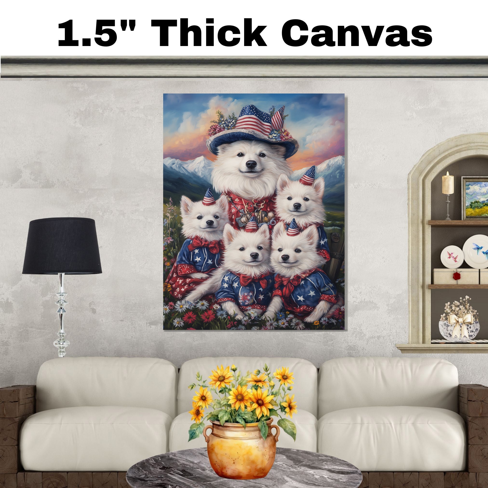 American Eskimo Dog Mom and Puppies in Patriotic Outfits with Party Hats in a Wildflower Meadow and Mountain Sunset Background on Ready to Hang 1.5" Thick Canvas Wrap, Floating Framed Canvas, Flat Rolled Canvas