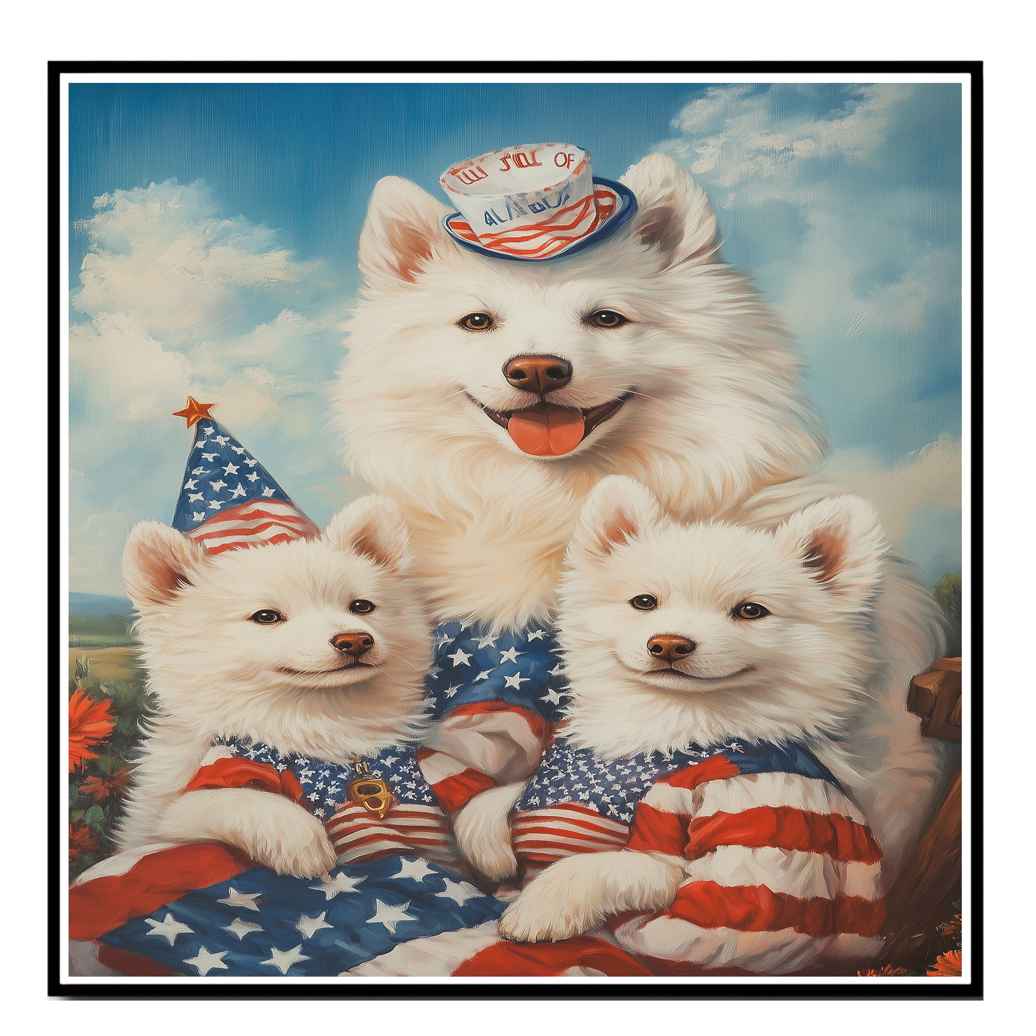 American Eskimo Dog Mom and Puppies in Patriotic Outfits with Party Hats and Starry Sky Background for Fourth of July and Holiday Decor on Ready to Hang 1.5" Thick Canvas Wrap, Floating Framed Canvas, Flat Rolled Canvas