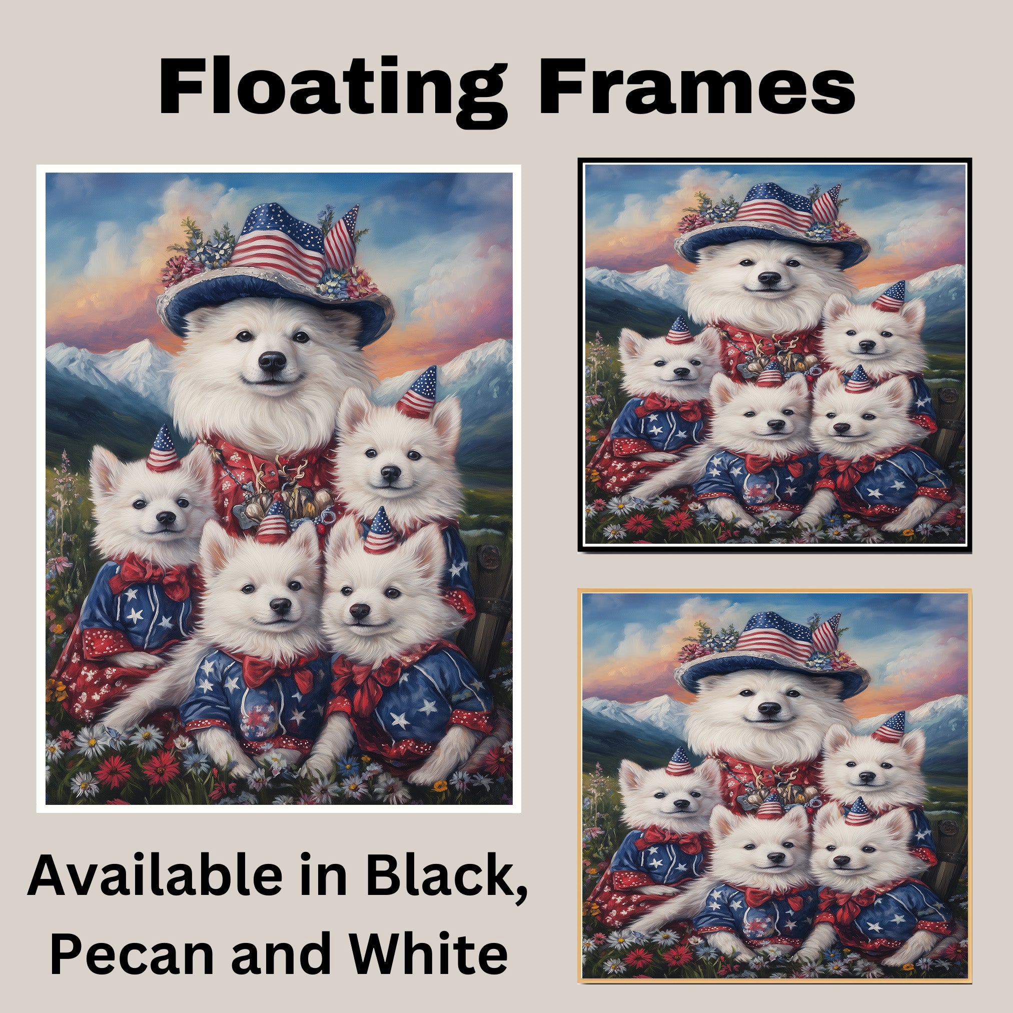 American Eskimo Dog Mom and Puppies in Patriotic Outfits with Party Hats in a Wildflower Meadow and Mountain Sunset Background on Ready to Hang 1.5" Thick Canvas Wrap, Floating Framed Canvas, Flat Rolled Canvas