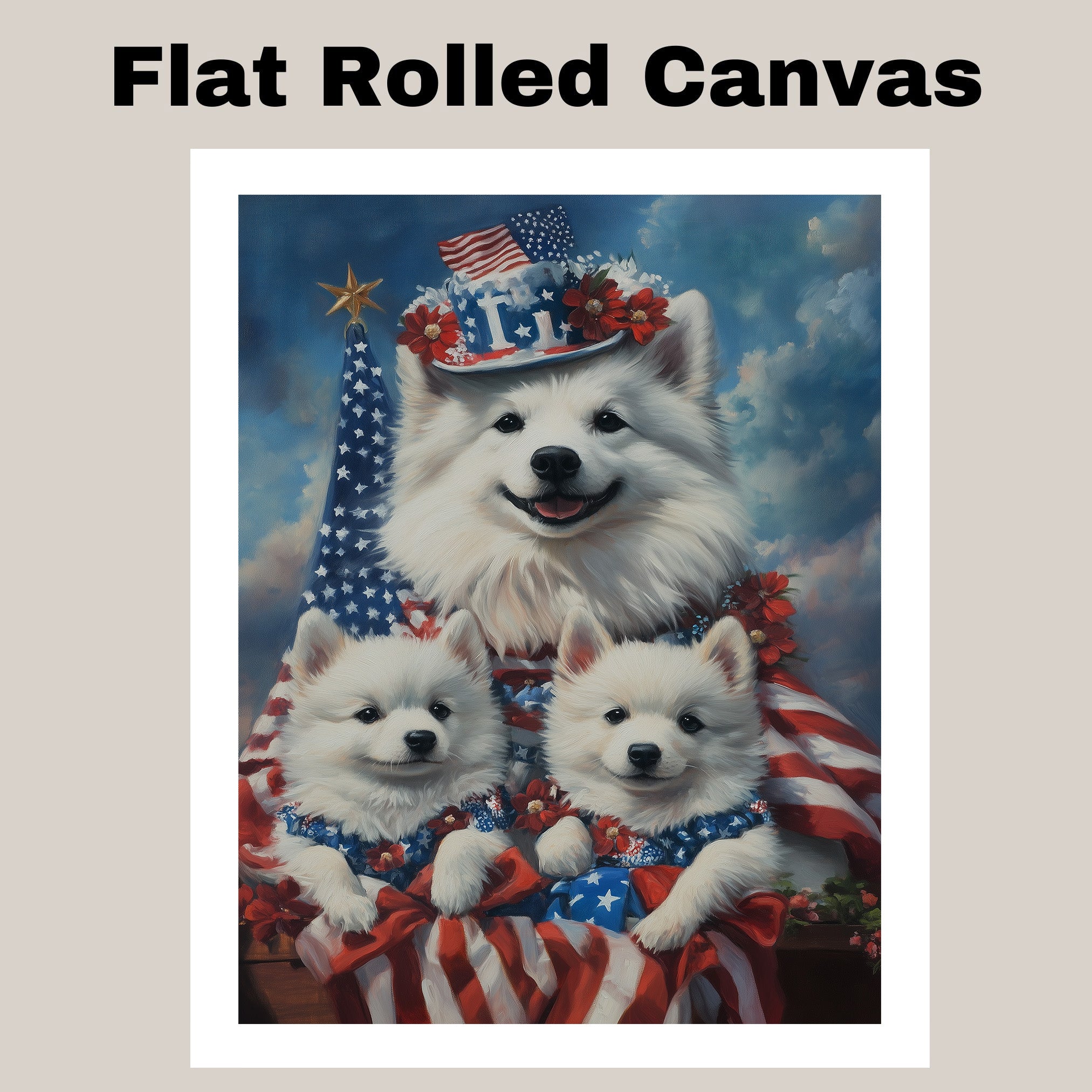 American Eskimo Dog Mom and Puppies in Patriotic Outfits with Flags and Flowers Against a Cloudy Blue Sky Backdrop on Ready to Hang 1.5" Thick Canvas Wrap, Floating Framed Canvas, Flat Rolled Canvas