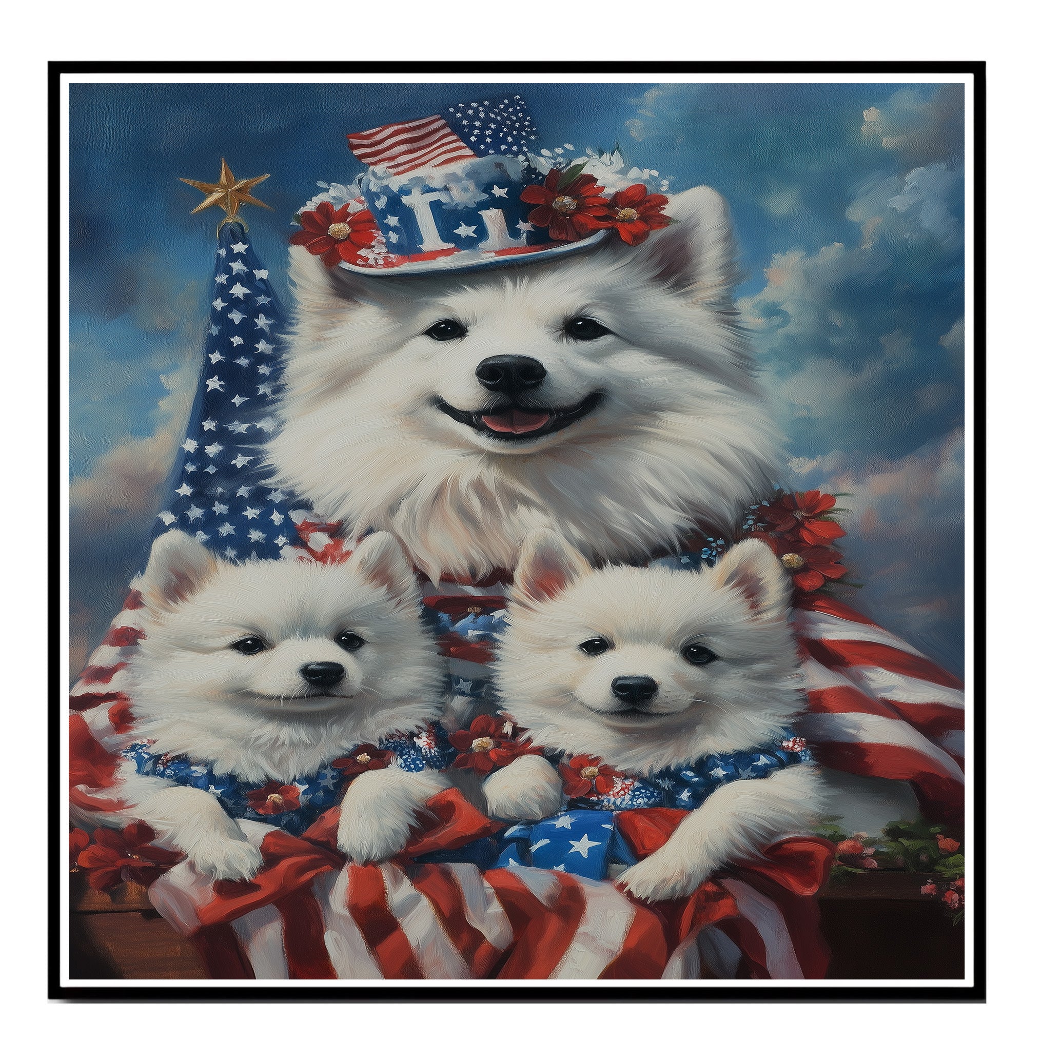 American Eskimo Dog Mom and Puppies in Patriotic Outfits with Flags and Flowers Against a Cloudy Blue Sky Backdrop on Ready to Hang 1.5" Thick Canvas Wrap, Floating Framed Canvas, Flat Rolled Canvas