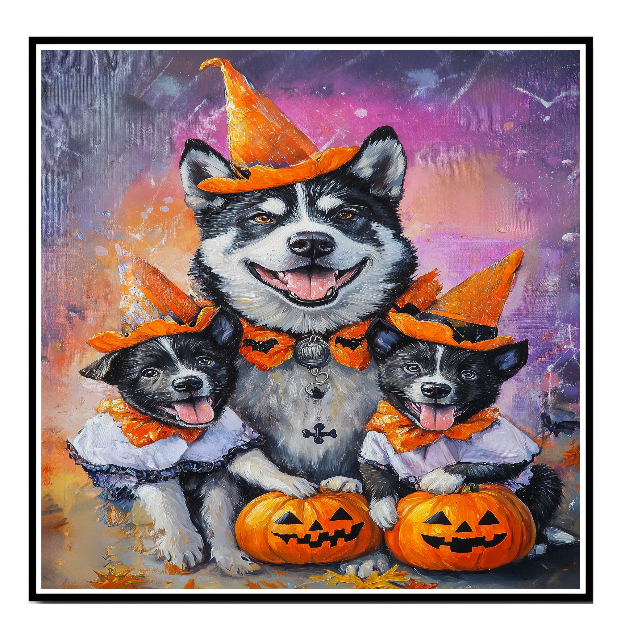 Halloween Akita Dog Wall Art with Pumpkins and Witch Hats Rustic Fall Dog Painting for Autumn Home Decor Pet Lover Gift Spooky Seasonal Wall Artwork on Ready to Hang 1.5" Thick Canvas Wrap, Floating Framed Canvas, Flat Rolled Canvas