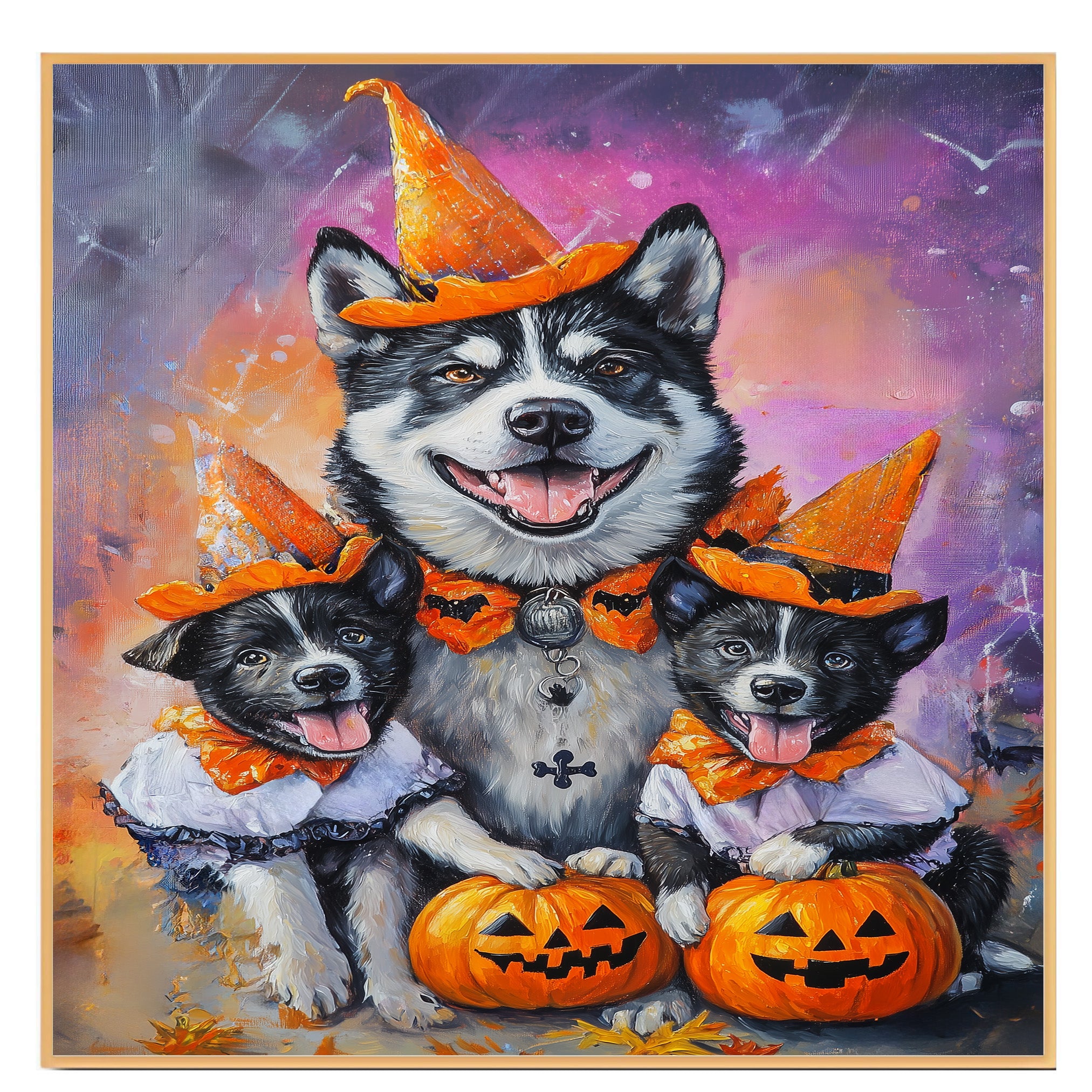 Halloween Akita Dog Wall Art with Pumpkins and Witch Hats Rustic Fall Dog Painting for Autumn Home Decor Pet Lover Gift Spooky Seasonal Wall Artwork on Ready to Hang 1.5" Thick Canvas Wrap, Floating Framed Canvas, Flat Rolled Canvas