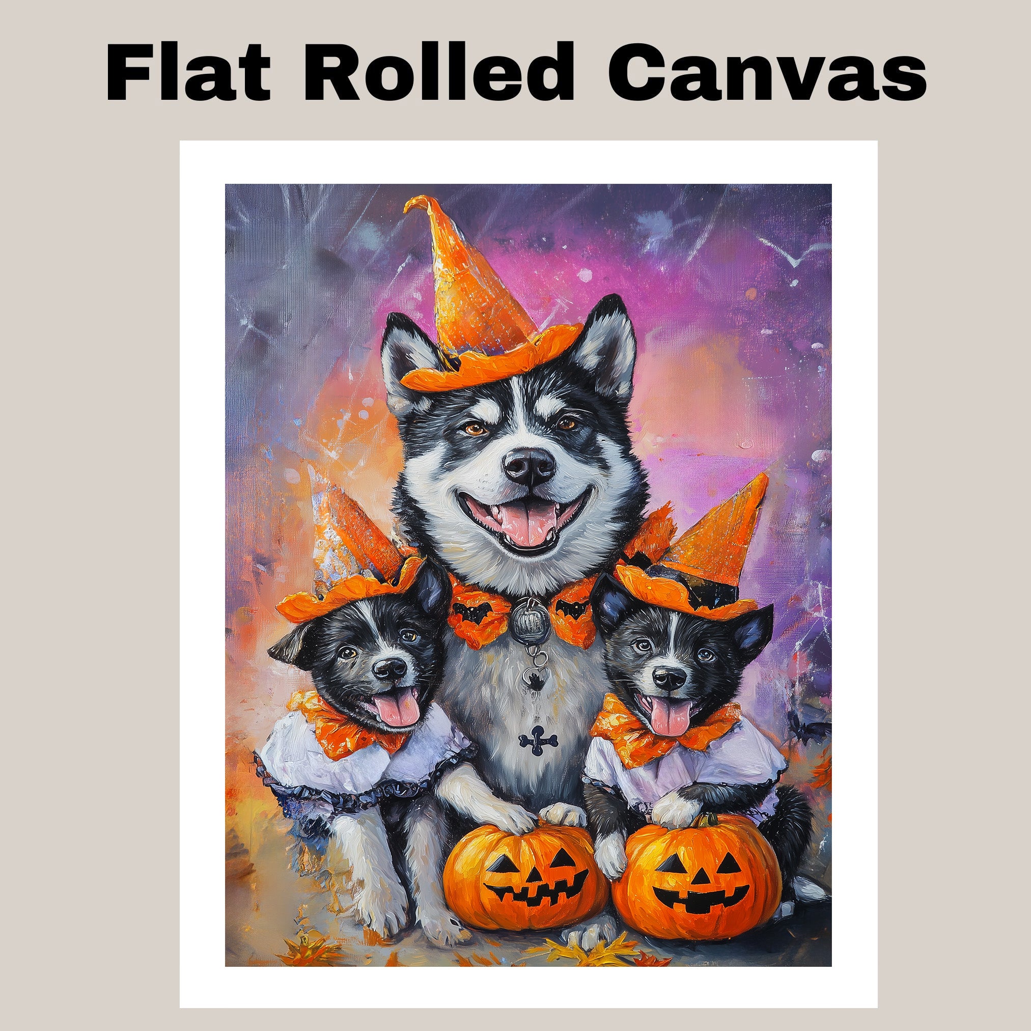 Halloween Akita Dog Wall Art with Pumpkins and Witch Hats Rustic Fall Dog Painting for Autumn Home Decor Pet Lover Gift Spooky Seasonal Wall Artwork on Ready to Hang 1.5" Thick Canvas Wrap, Floating Framed Canvas, Flat Rolled Canvas
