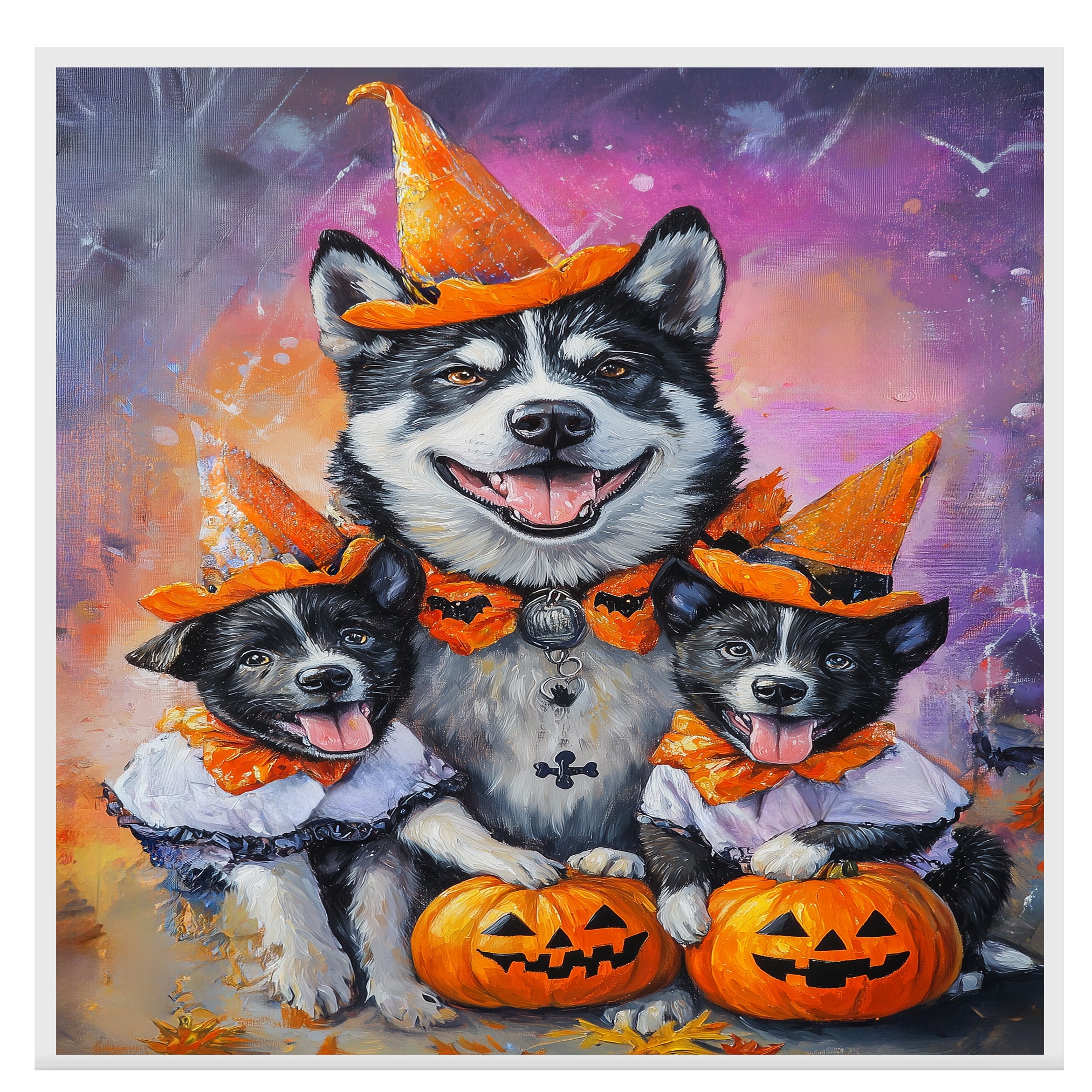 Halloween Akita Dog Wall Art with Pumpkins and Witch Hats Rustic Fall Dog Painting for Autumn Home Decor Pet Lover Gift Spooky Seasonal Wall Artwork on Ready to Hang 1.5" Thick Canvas Wrap, Floating Framed Canvas, Flat Rolled Canvas
