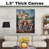 American Bulldog Mom and Puppies in Patriotic Outfits with Flags and Mountain Lake Background in Vintage Oil Painting Style on Ready to Hang 1.5" Thick Canvas Wrap, Floating Framed Canvas, Flat Rolled Canvas