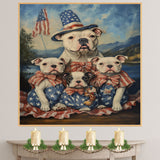 American Bulldog Mom and Puppies in Patriotic Outfits with Flags and Mountain Lake Background in Vintage Oil Painting Style on Ready to Hang 1.5" Thick Canvas Wrap, Floating Framed Canvas, Flat Rolled Canvas