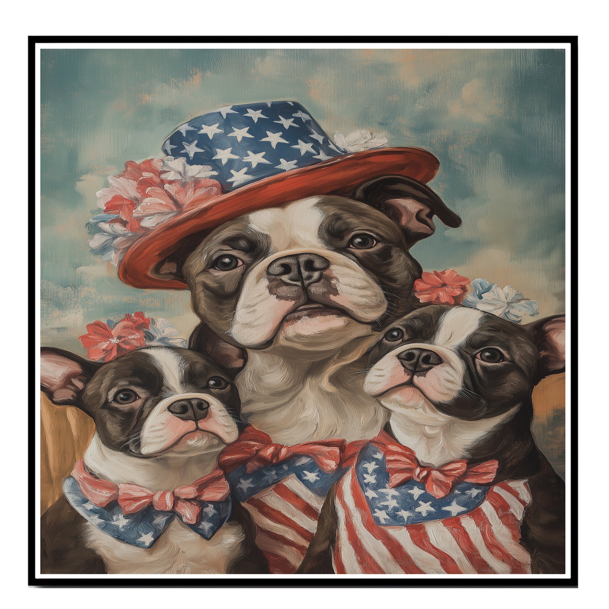 American Bulldog Mom and Puppies in Patriotic Outfits with Floral Hats and Bows on a Soft Sky Background American Style on Ready to Hang 1.5" Thick Canvas Wrap, Floating Framed Canvas, Flat Rolled Canvas