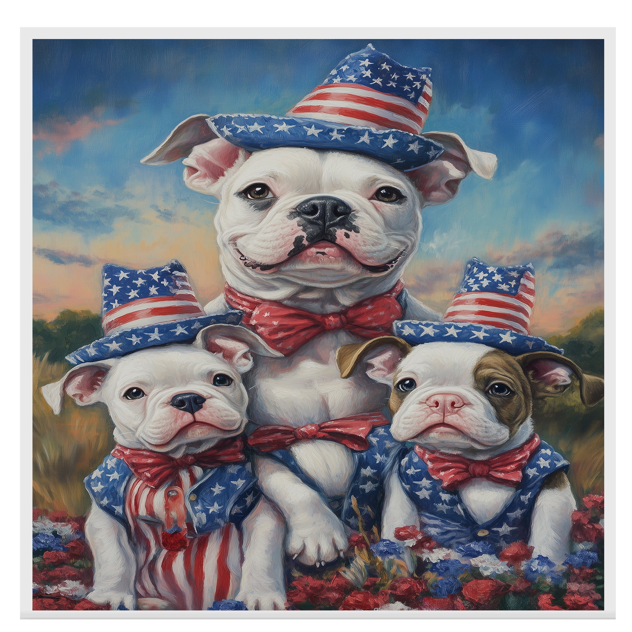 American Bulldog Mom and Puppies in Star-Spangled Hats and Bowties with Sunset Sky and Patriotic Floral Field on Ready to Hang 1.5" Thick Canvas Wrap, Floating Framed Canvas, Flat Rolled Canvas